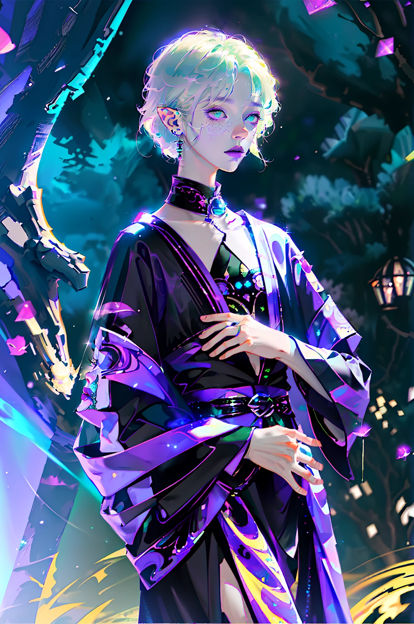 Masterpiece, high resolution, high quality details, intrincated details, 8k, A male elf, magic particles, night landscape, wearing black shiny clothe, purple hair, green eyes, milky skin, innocent expression,