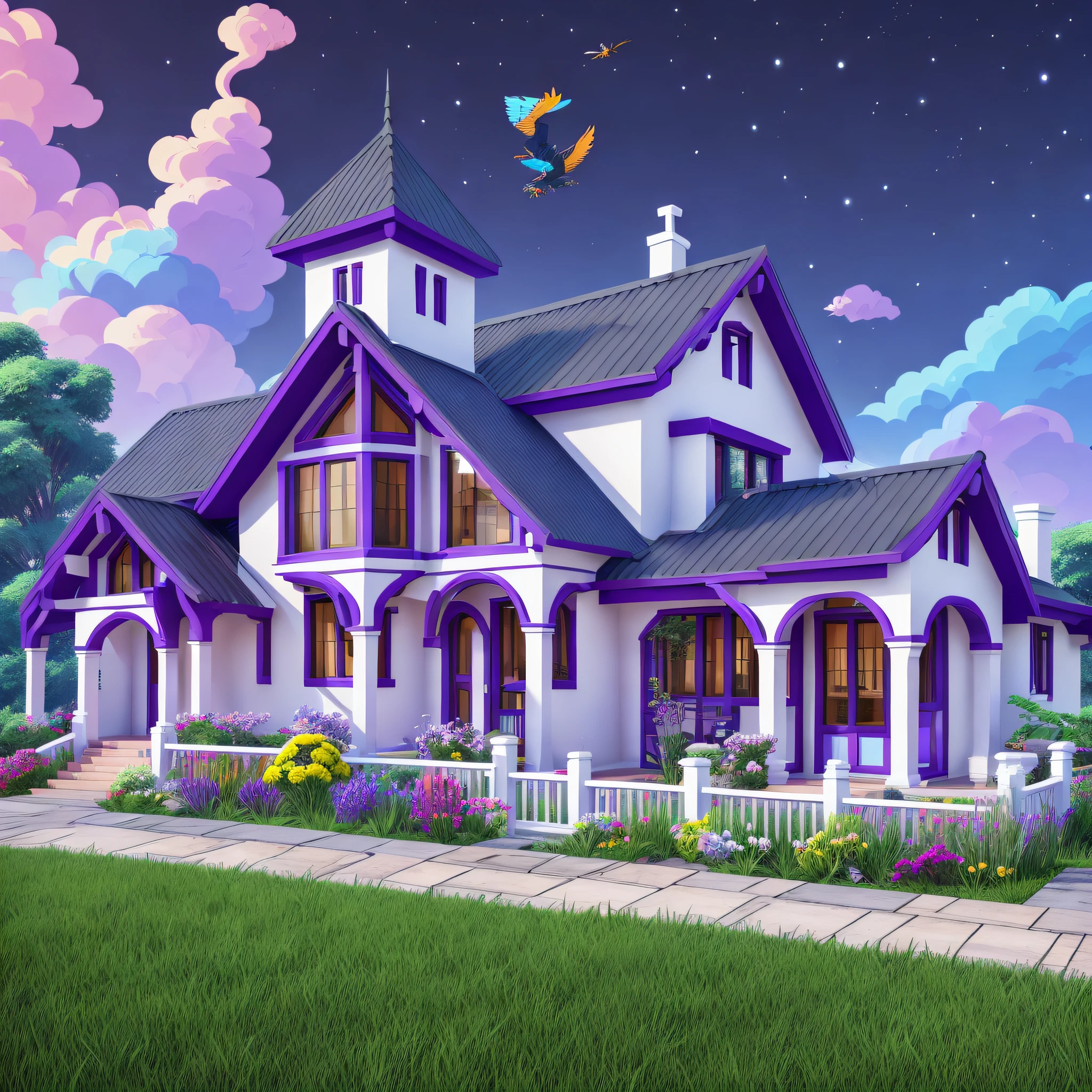 Design, beautiful house, rpg style, hill behind, other houses on the hill, smoke chimney, griffin flying, acrylic spatula, sky with vibrant colors, royal purple, royal blue and white, 4k, vibrant colors --auto --s2