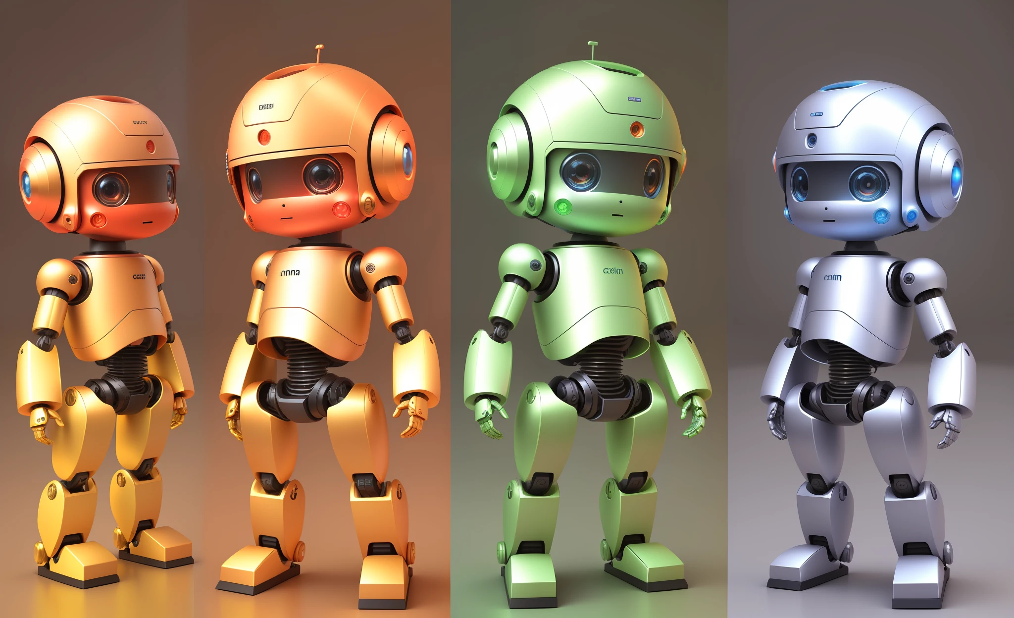 with a bright head and eyes, cute humanoid robot, 3d child robot, mine robot, ((full body, single background, multiple views)), simple background, front, side and back view))