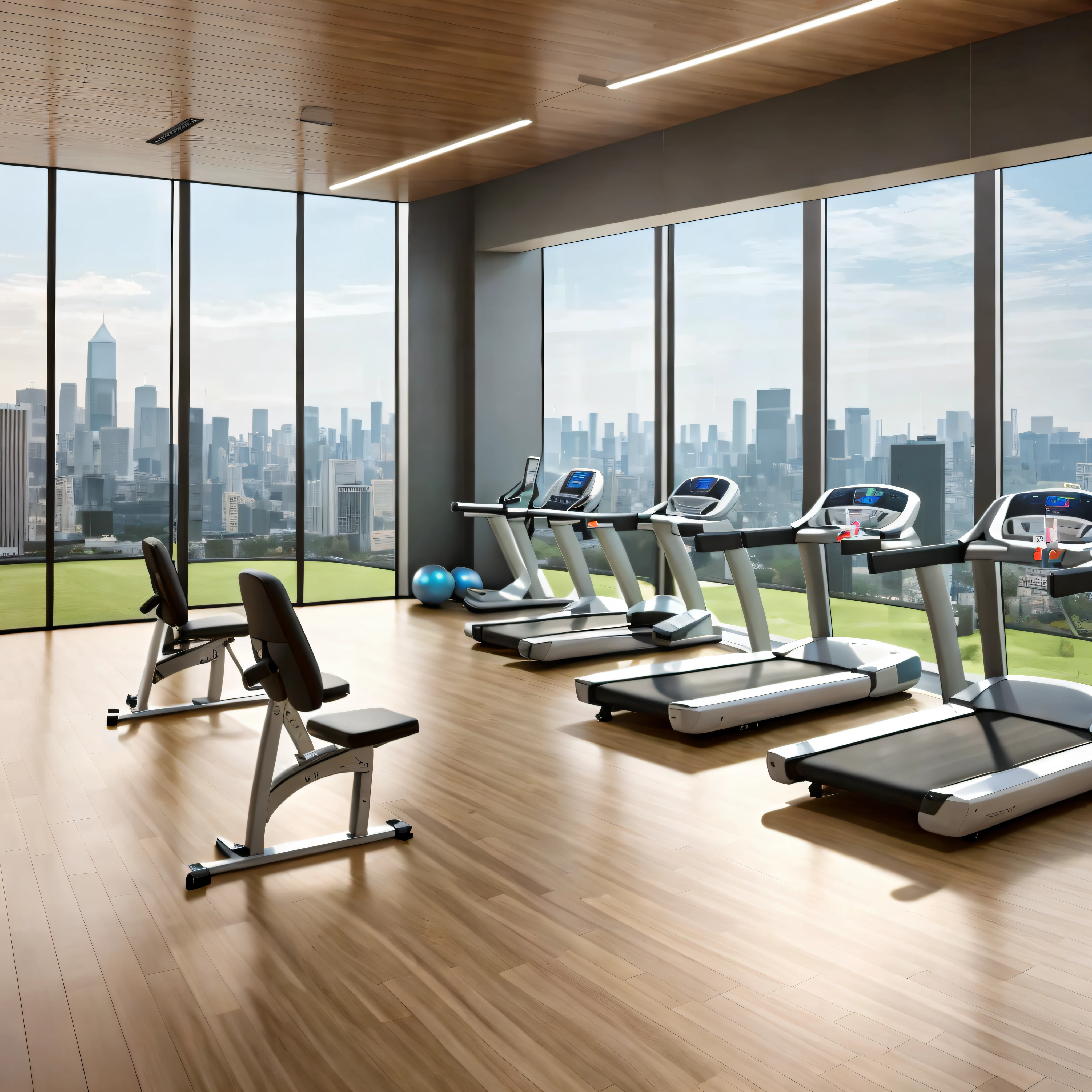arafed view of a gym with a view of a city, background a gym, fitness, high quality rendering, sleek streamlined design, architectural rendering, photorealistic ”, photorealistic”, sleek design, local gym, realistic ”, realistic”, advertising photo, gym, hyper realistic ”, hyper realistic”, beautiful views, hyperrealistic”, hyperrealistic ”, view, by senior artist