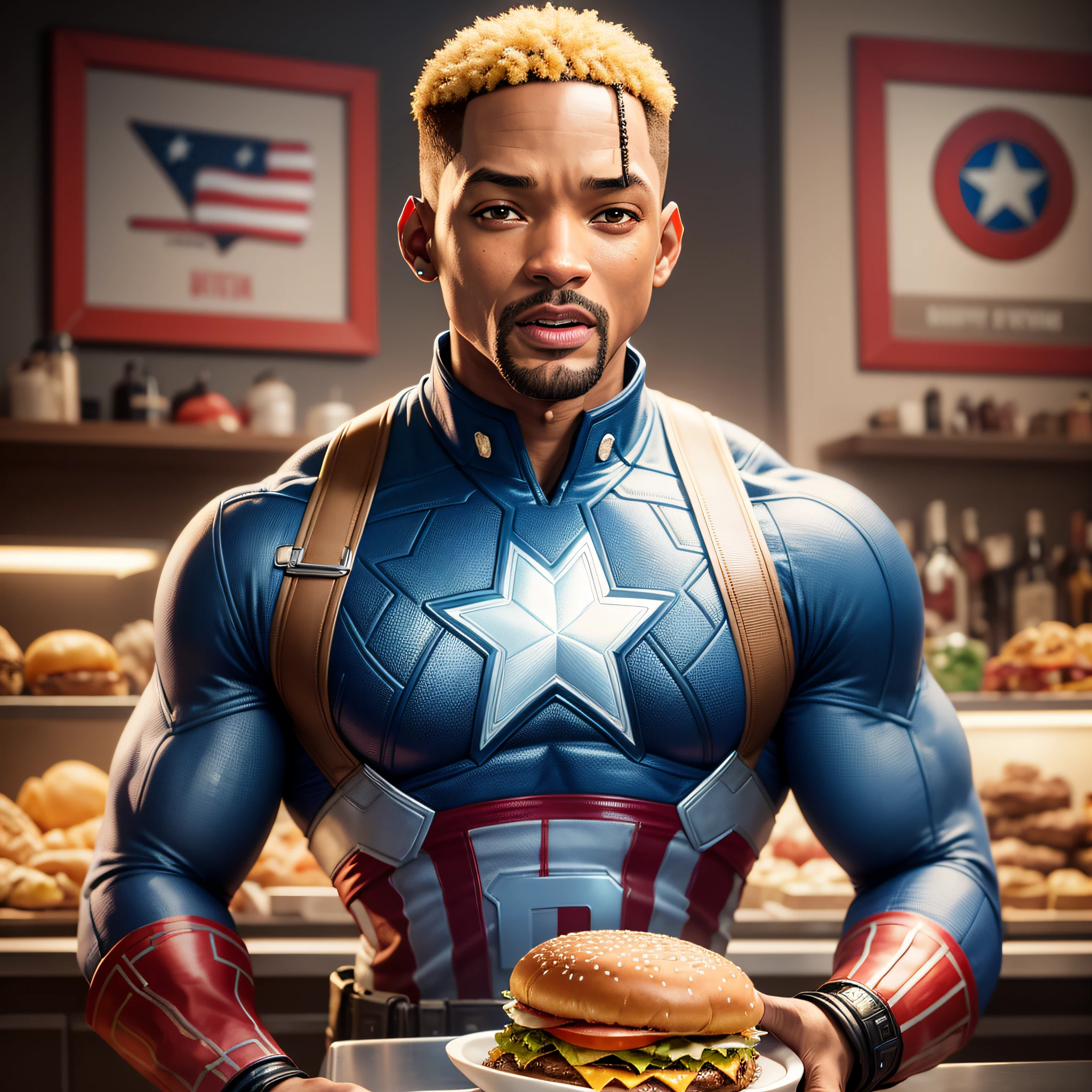Will Smith eating Hamburger, Captain America dress, 8k resolution, detailed burger, detailed will smith eyes, detailed face, textured image, auta resolution, burger with striking colors, marvel or DC style, boma saturation, and bar lighting --auto --s2