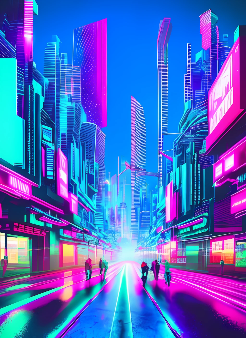 A cyberpunk city, modified people walking down the street, skyscrapers with neon and giant holograms, realism painting style