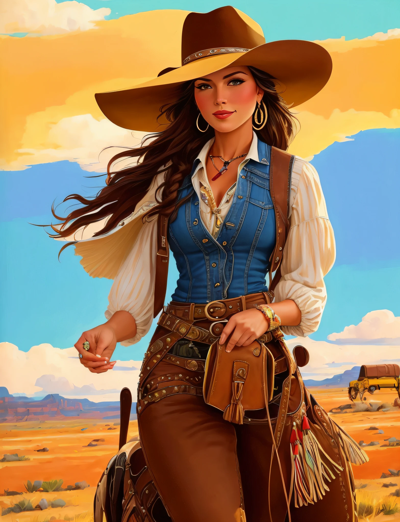 A beautiful woman exudes confidence while wearing a cowboy hat and wearing elegant cowgirl clothes. His ensemble captures the essence of the Old West with a touch of modern style. The illustrative style is inspired by the bold and vibrant works of Charles Marion Russell, known for his Western art. The color palette combines earthy tones with pops of bright colors, reflecting the harsh, lively spirit of cowboy culture. The camera angle captures the woman's strong, seductive presence, showing her as a modern cowgirl with a hint of nostalgia. A beautiful woman exudes confidence while wearing a cowboy hat and wearing elegant cowgirl clothes. His ensemble captures the essence of the Old West with a touch of modern style. The illustrative style is inspired by the bold and vibrant works of Charles Marion Russell, known for his Western art. The color palette combines earthy tones with pops of bright colors, reflecting the harsh, lively spirit of cowboy culture. The camera angle captures the woman's strong, seductive presence, showing her as a modern cowgirl with a hint of nostalgia.
