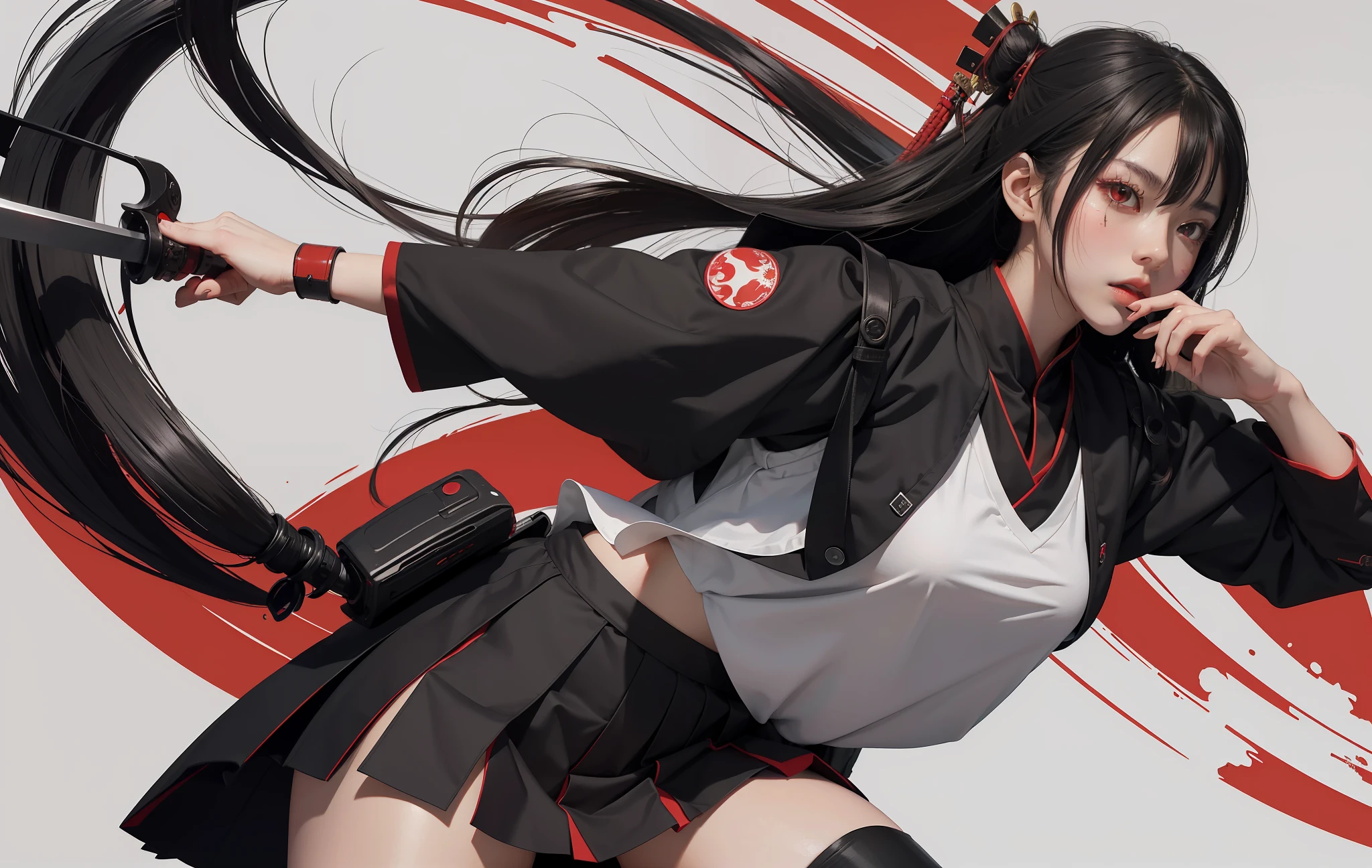 master peace, official poster, art work, A beautiful Anime girl, wearing school white top and black small skirt, wearing a futuristic samurai red mask, holding sward in middle of eyes, red eyes, background samurai red mask braking two parts, center character, wallpaper, hyper realistic, detailed, desktop wallpaper