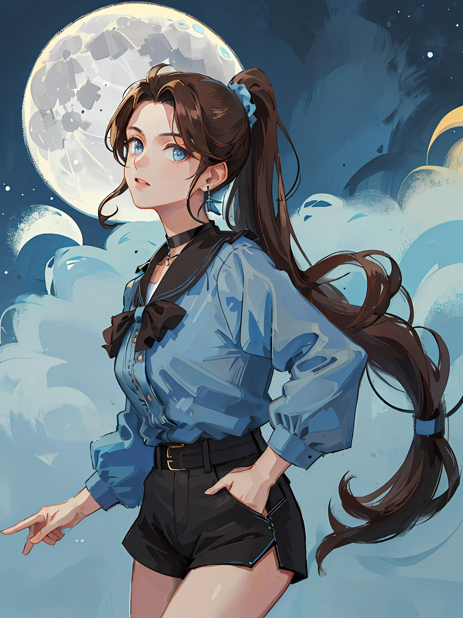 (best quality, masterpiece), portrait, 1 girl, alone, (brown hair, long wavy, pulled back in a high ponytail), (light blue eyes), blue earrings, black choker, black long-sleeved blouse and black shorts, (night background, full moon)
