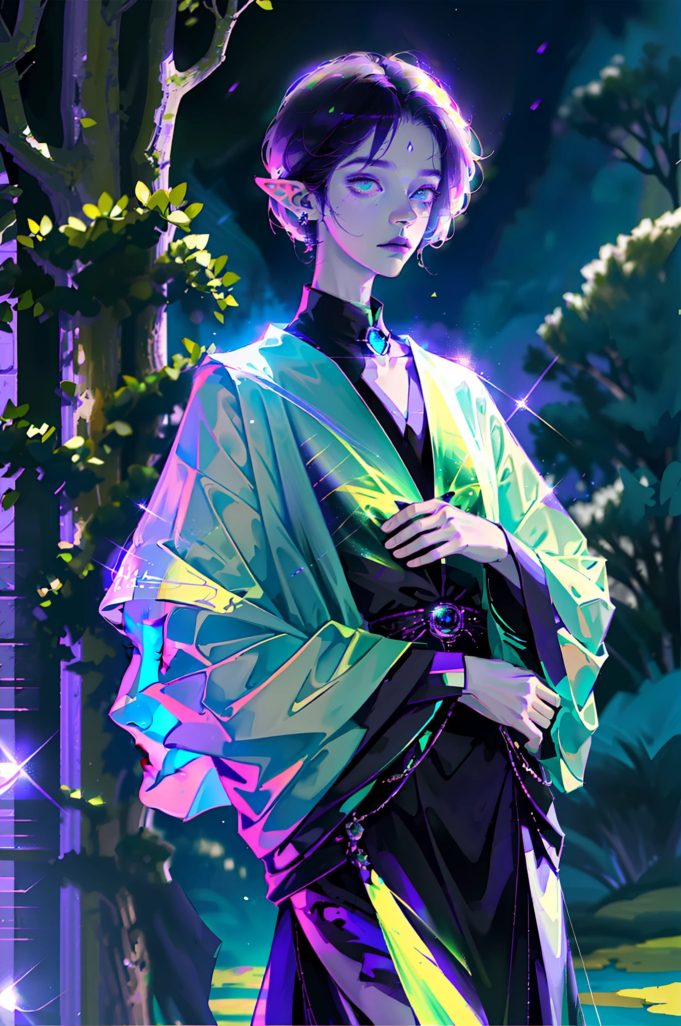 Masterpiece, high resolution, high quality details, intrincated details, 8k, A male elf, magic particles, night landscape, wearing black shiny clothe, purple hair, green eyes, milky skin, innocent expression,