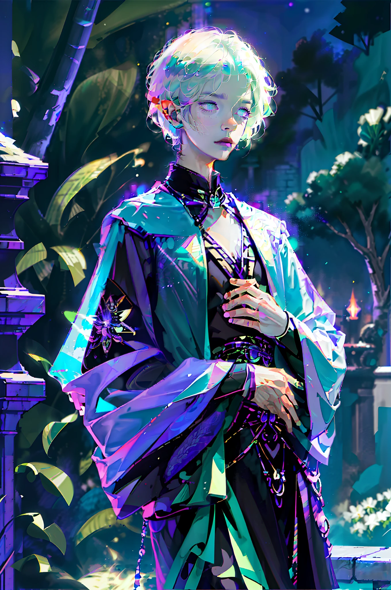 Masterpiece, high resolution, high quality details, intrincated details, 8k, A male elf, magic particles, night landscape, wearing black shiny clothe, purple hair, green eyes, milky skin, innocent expression,