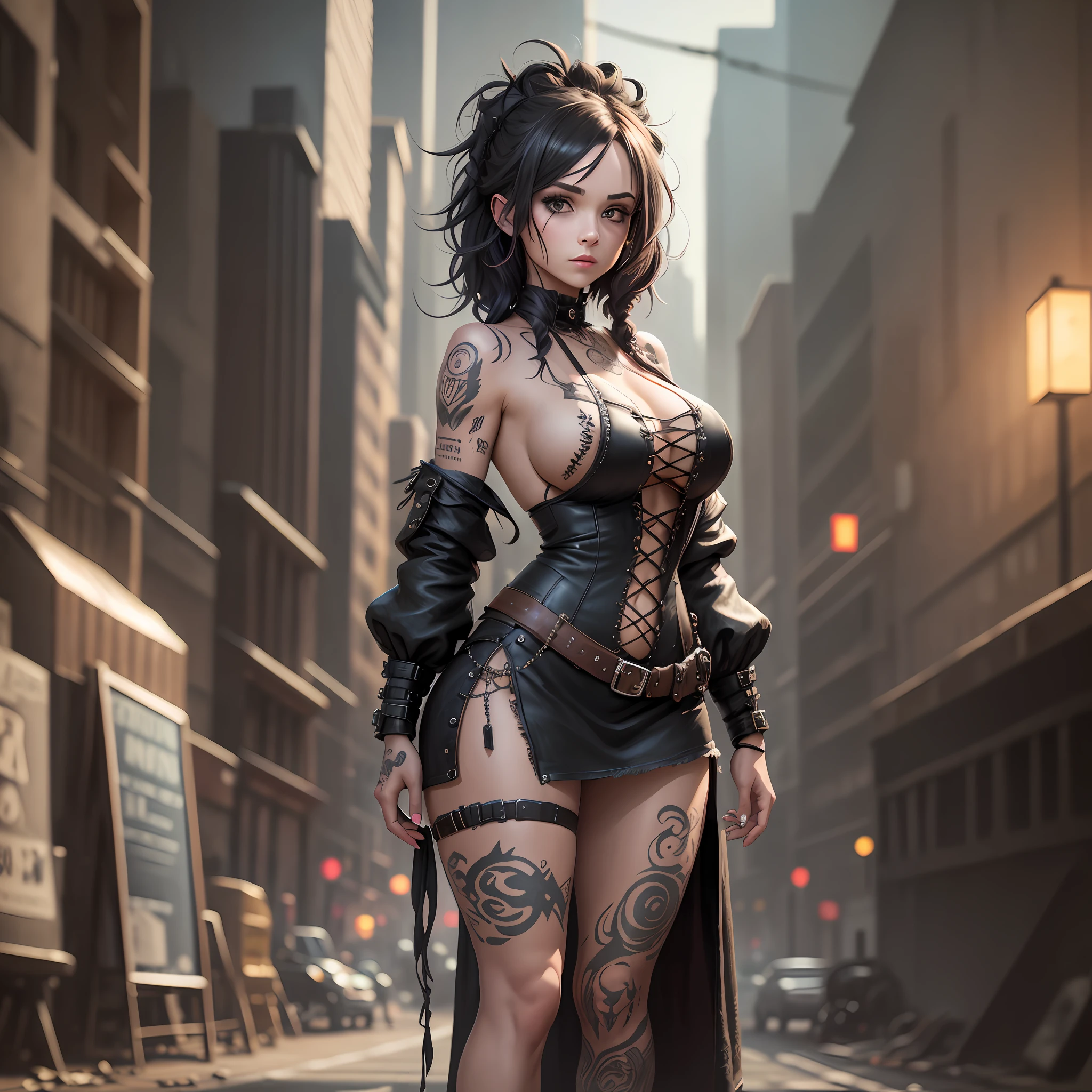 A stampunk woman in a black mini dress, with her hair intertwined, with tattoos in a world created with 8k technology, large breasts, full body.
