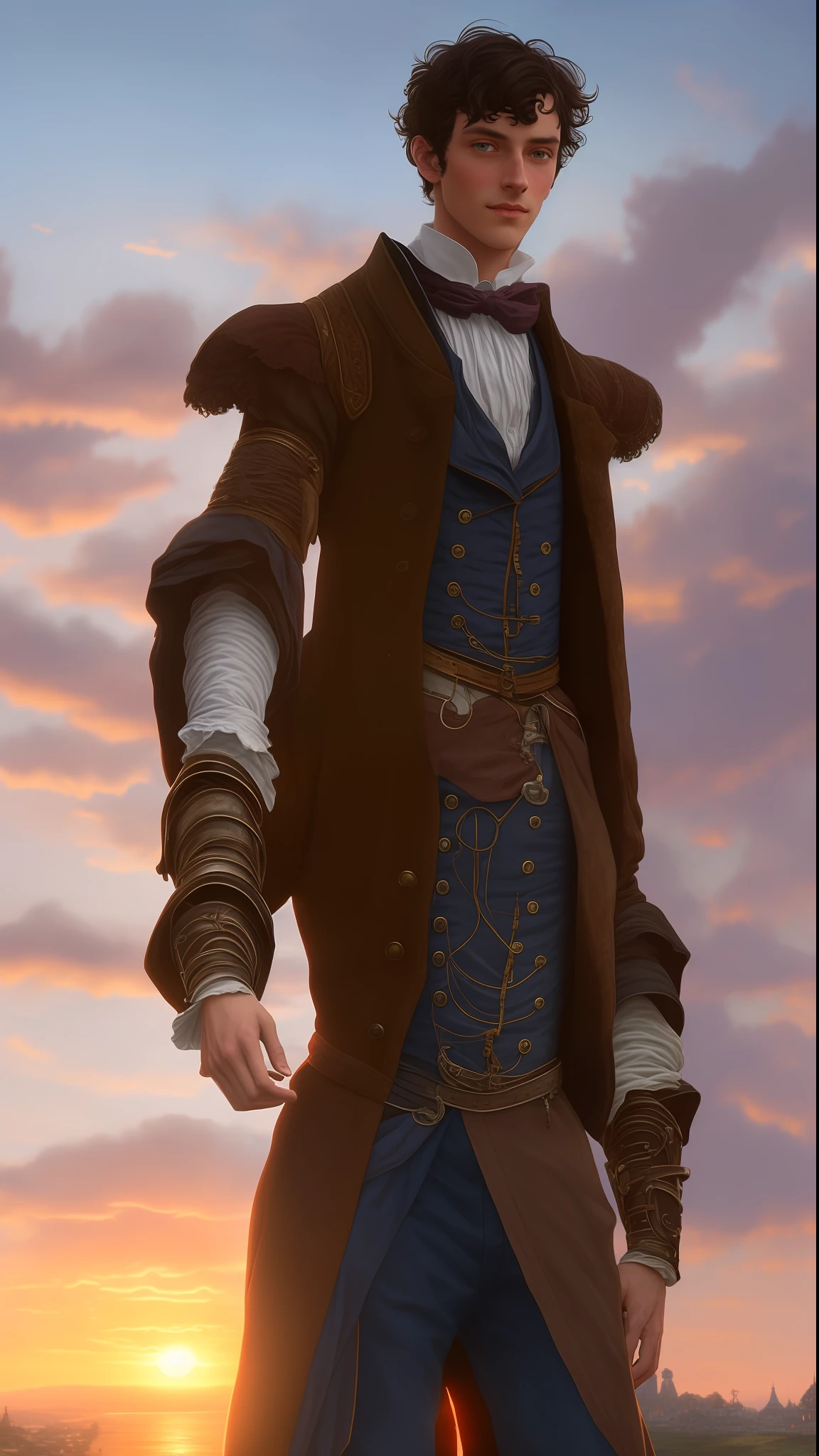 A man, blue Victorian clothes, with mechanical arm, blue eyes, freckles, black hair, tall, slender (rich in detail) cuddled with a brunette girl, 20 years old, short curly hair, brown eyes, pink Victorian clothes (rich in detail) (8k realistic anime) background at sunset