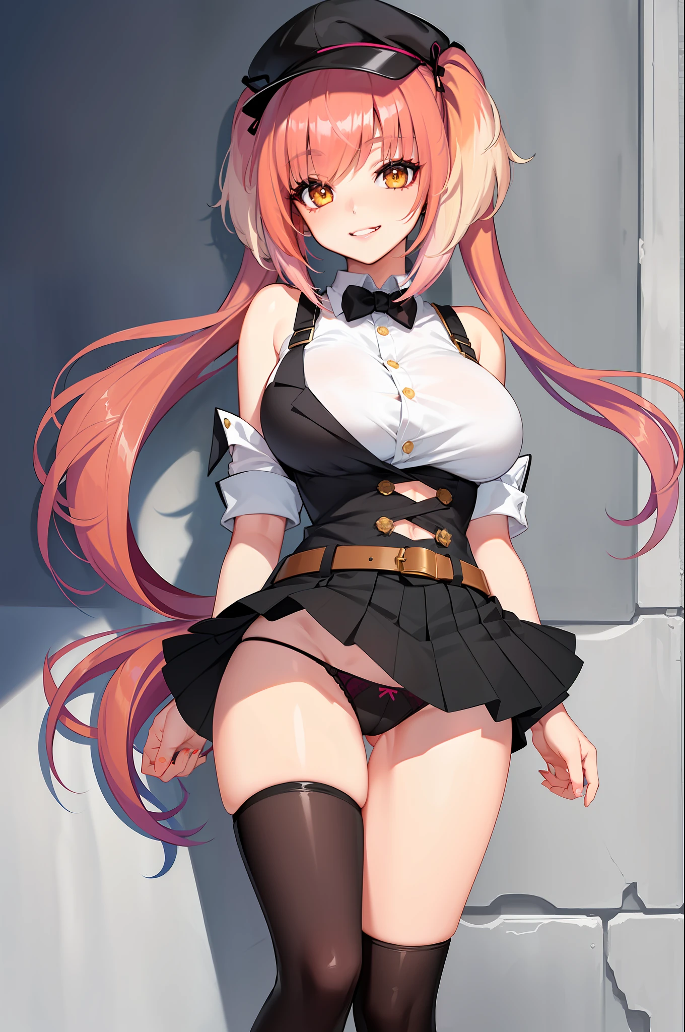 1 girl, Selene, Skirt, school_uniform, Tie, Twin tails, Long hair, Pink hair, Variegated gradient hair,Twin tails,Stockings,Panties from back.1,Panties from front.1, Original character, natural volumetric lighting and best shadows, deep depth of field, sharp focus, amazingly beautiful portrait of a ite girl, Soft delicate and beautiful attractive face with seductive yellow eyes, adorable little breasts, sharp eyeliner, seductive smile, mouth out with cute fangs, windswept disheveled brown hair, thick layered medium twin tail hairstyle, dark cheek eyeshadow with eyelashes, parted lips, apple jack hat, oversized pop art jacket, Mini underboob tea, slim waist with navel open, denim jeans pants with buckle belt, (messy painted body: 1.05), (holding a can of spray paint: 1.1), (graffiti mural wall background: 1.15), (standing on a narrow street crossword: 1.2), (top quality, amazing details: 1.4), masterpiece, bloom, Picturesque and vivid colorful paintings