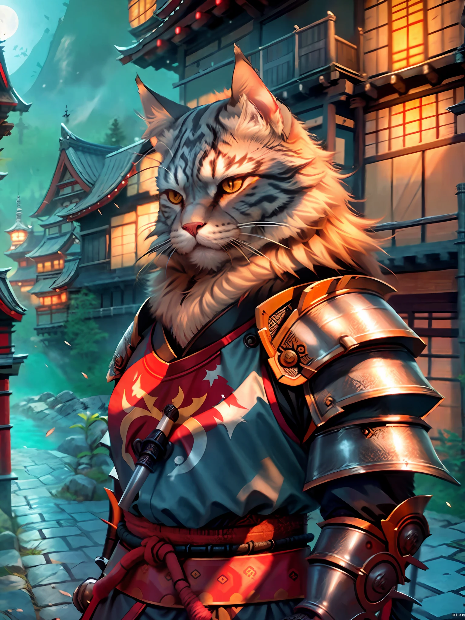 c4ttitude, samurai, watchful, almond-shaped eyes, furrowed brow, sleek fur, warrior, disciplined, focused, armored kimono, guarded coverage, steel, clawed paws, katana, feudal Japan, street, honor, duel, confrontation scene,