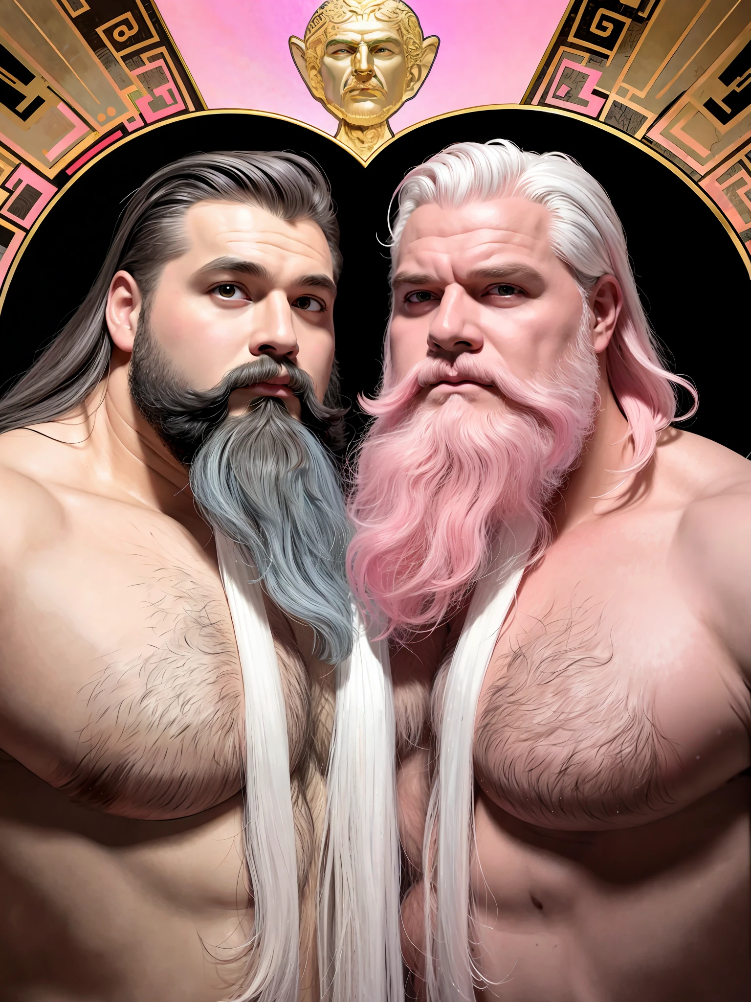 Painting of two Zeus Beefy identical facing each other, god of thunder, identical Greek gods, identical face, identical white hair, identical white beard, male, mature, beautiful, upper body, muscle, hairy torso, large and round belly, doppelgangers, illustration, art by Gaston Bussiere and Alphonse Mucha,pink beard, pink, pink,pink