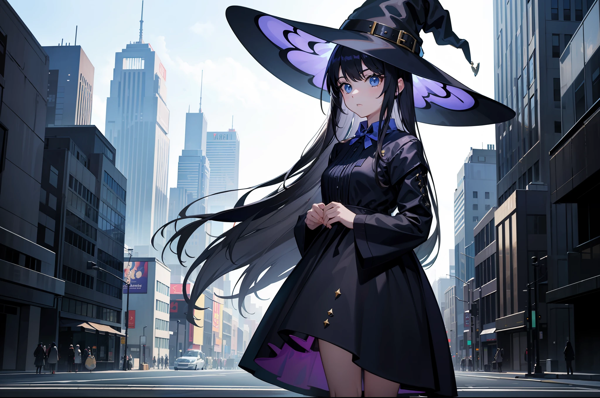 (masterpiece, best quailty), 1girl, solo, witch clothes, witch hat, standing, expressionless, cyber city,