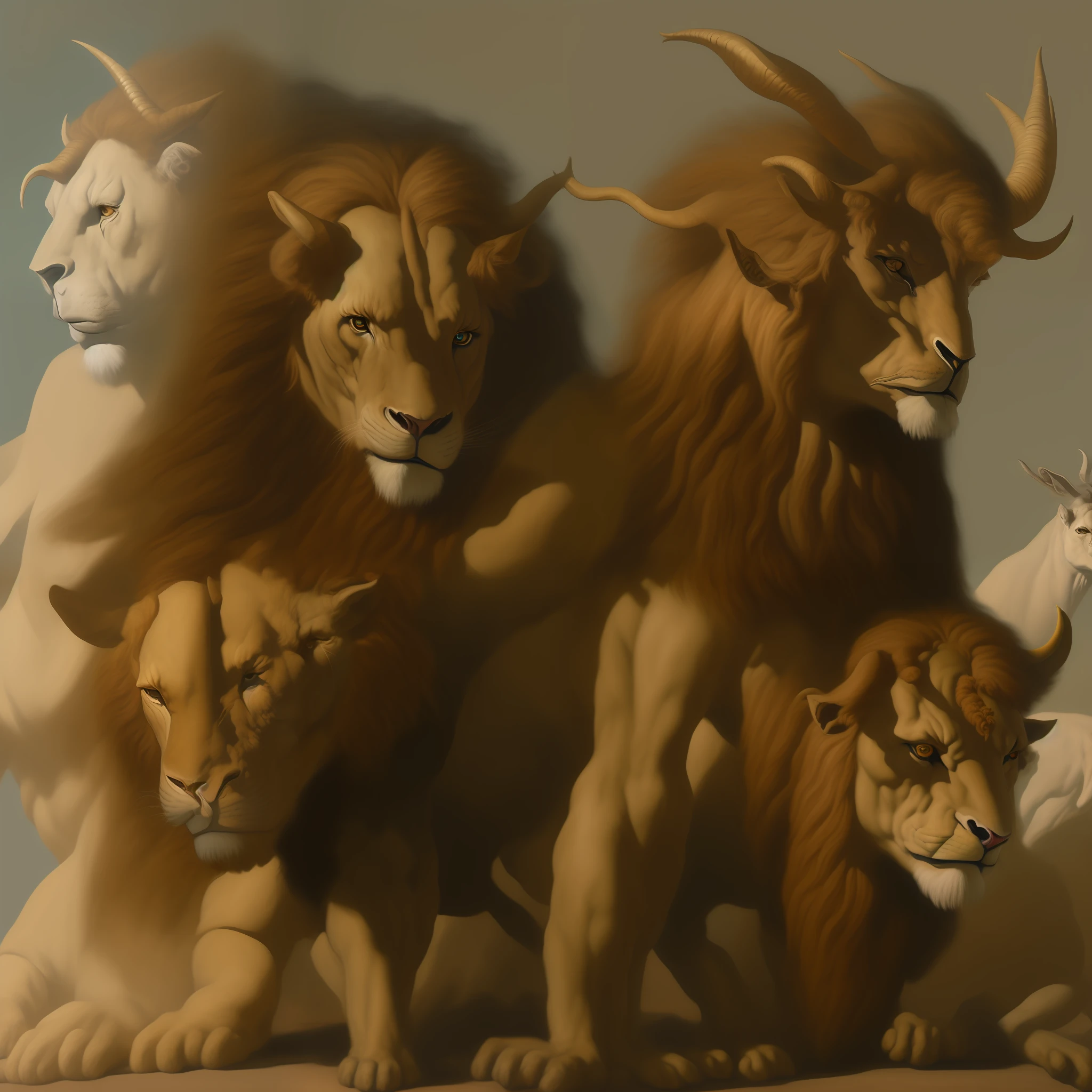 painting of a lion and a goat in a circle, horned god, satyr, oil canvas of lucifer, male centaur centaur chimera, cernunnos, muscular bull headed man, horned, human chimera, portrait of daemons, inspired by Malczewski, by Anna Füssli, fauns, portrait of a minotaur