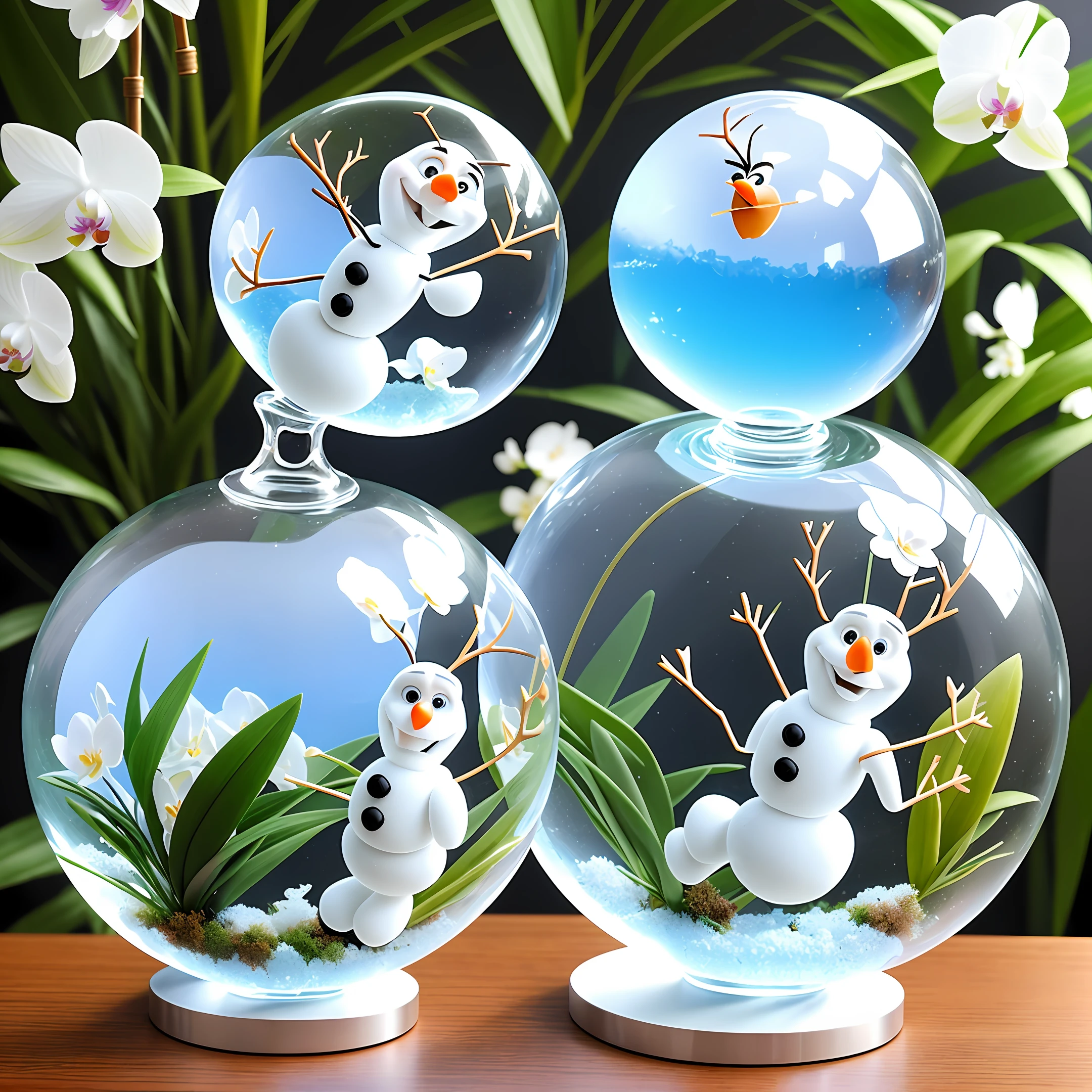 Olaf on a glass globe with orchids