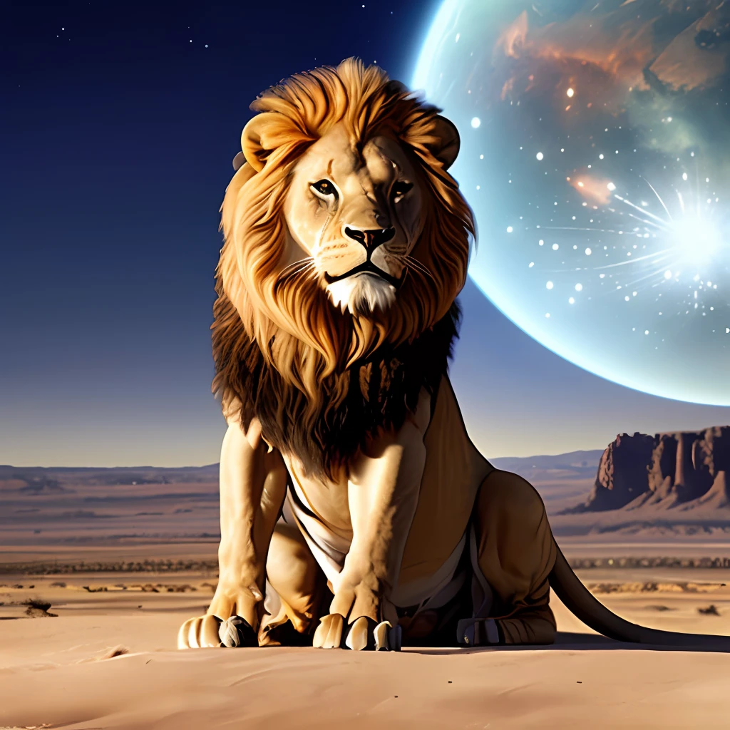 Photograph taken from afar of a humanoid lion in full king's outfit sitting on the throne, with background nebula ((best anatomy)) hyperrealism, realism, proportional, total quality, stylized