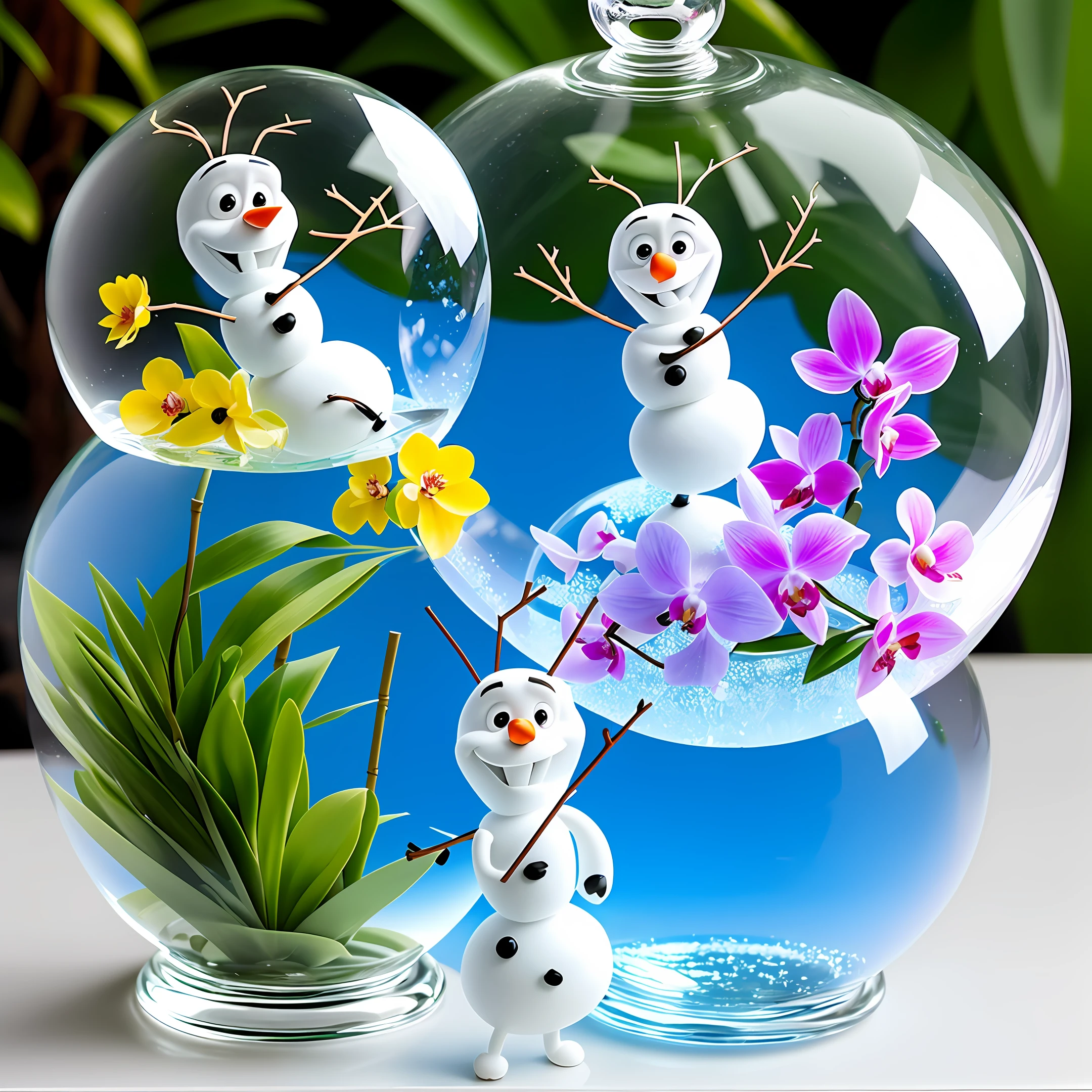 Olaf on a glass globe with orchids