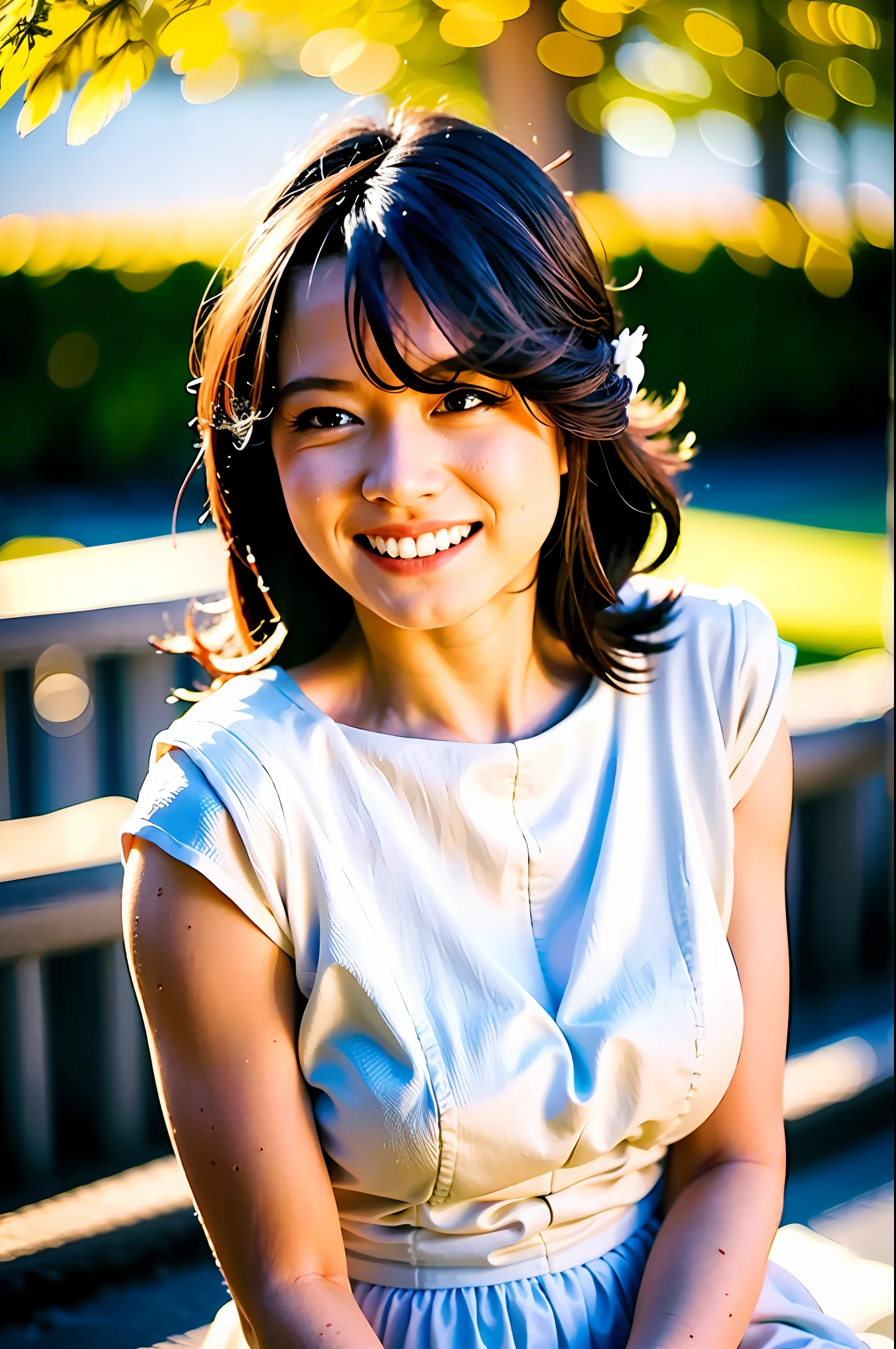 4k, photo, realistic, top quality, 1 girl, woman, smile, portrait, white dress, akinav1, 45 years old