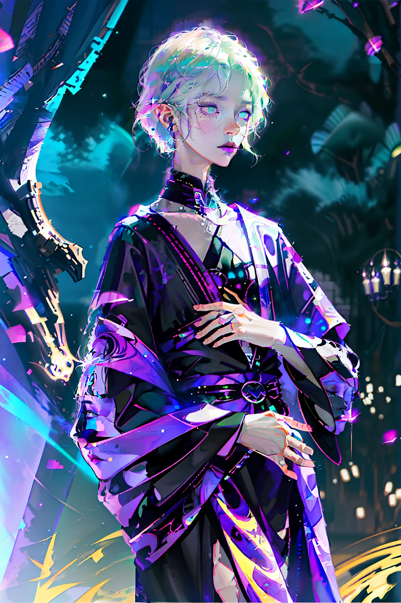 Masterpiece, high resolution, high quality details, intrincated details, 8k, A male elf, magic particles, night landscape, wearing black shiny clothe, purple hair, green eyes, milky skin, innocent expression,