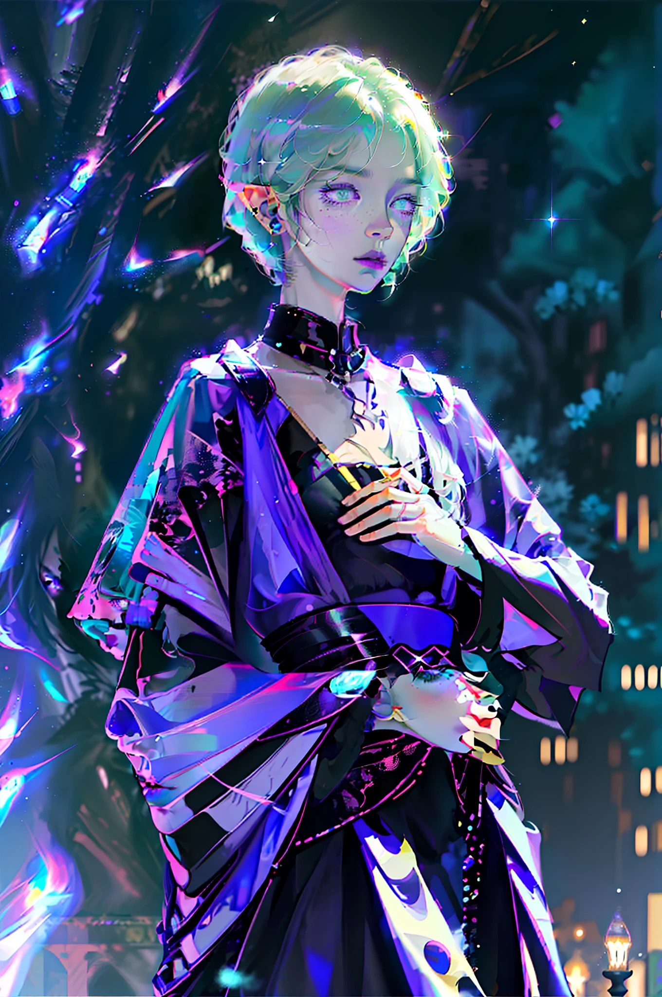 Masterpiece, high resolution, high quality details, intrincated details, 8k, A male elf, magic particles, night landscape, wearing black shiny clothe, purple hair, green eyes, milky skin, innocent expression,