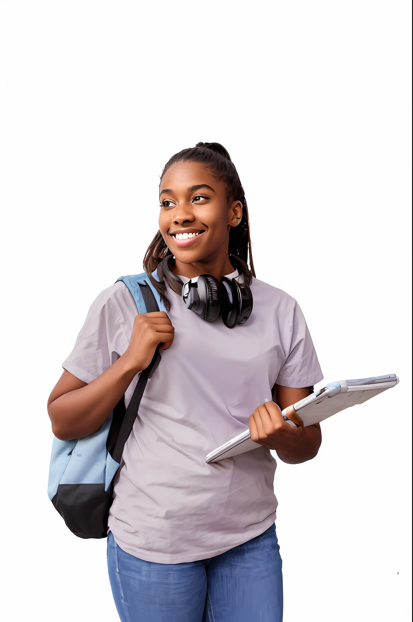 smiling girl with headphones holding a briefcase and a backpack, student, , black teenager, lit up from the side, young african american, photo of young woman, portrait of high school girl, standing with a black background, on black background, young black, on a dark background, full subject, pictured from shoulders up Impressionism, image fill, Fujicolor, HD, 4K --auto --s2