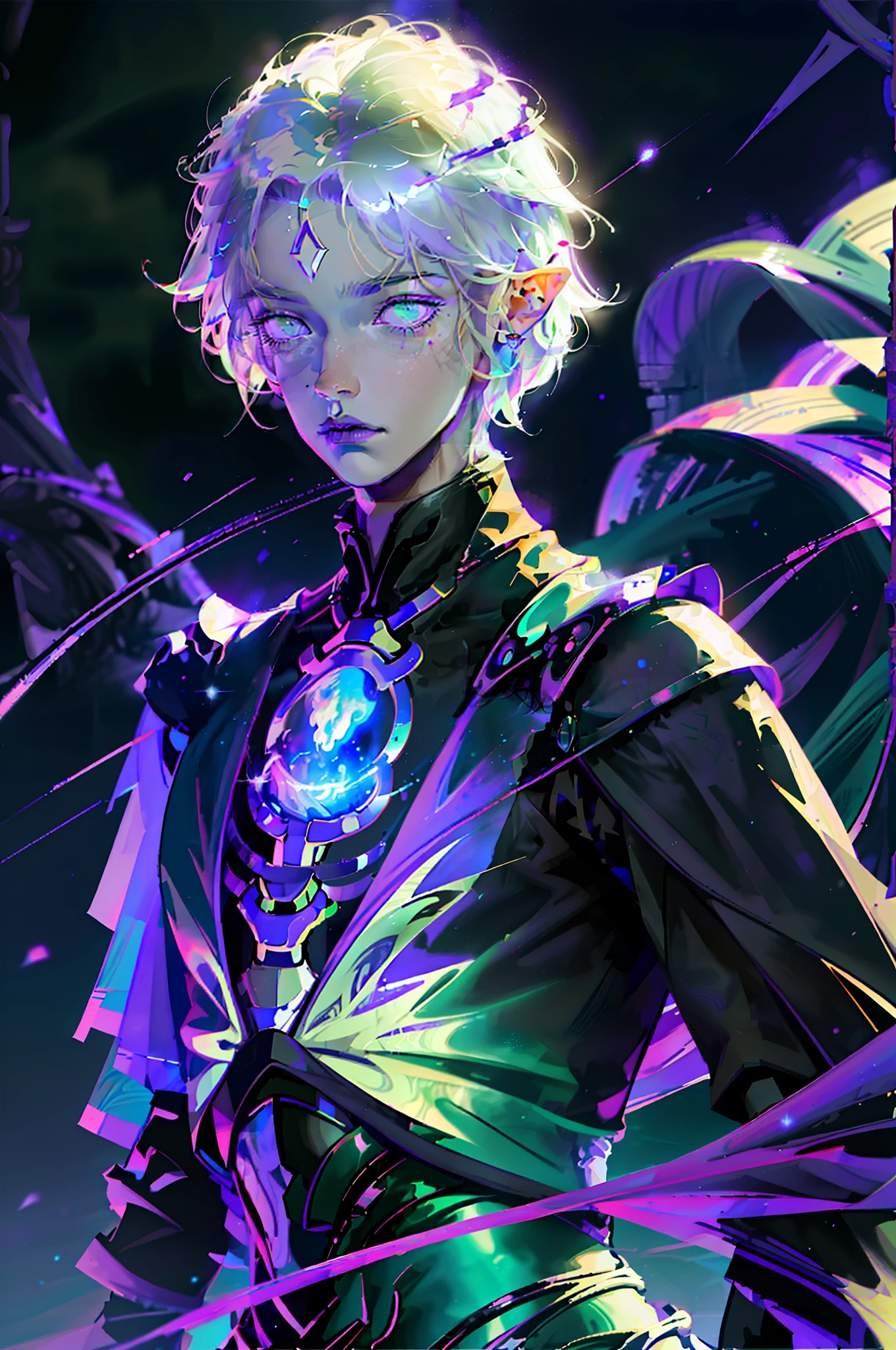 masterpiece, high resolution, high quality, intrincated details, A male elf, magic particles, night landscape, wearing black shiny clothe, purple hair, green eyes, milky skin, innocent expression, soft vine, stars, fantasy