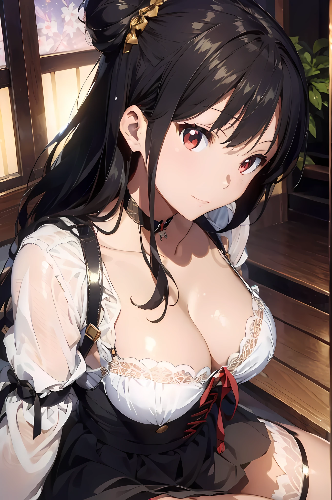 (masterpiece, best quality, ultra detailed, high resolution, absurdres:1.4), (shiny black hair, twin-buns style, smooth and white shiny skins:1.2), (super fine illustration, extremely detailed CG unity 8k wallpaper), 1girl, extremely cute and beautiful girl. slender, abs, medium breasts, red, gold, BREAK, (lace), (single fishnet legwear, single garter strap, cross-laced sleeves, cross-laced clothes:1.2), heart, collar, ribbon choker, ear piercing, BREAK, Japanese kimono, gothic ****ta, knee-length skirt, BREAK, background is Japanese hotel in the night, ryokan, wasitu background, light grin smile, sitting, wariza, hands on between legs, ufotable style, anime screen cap,