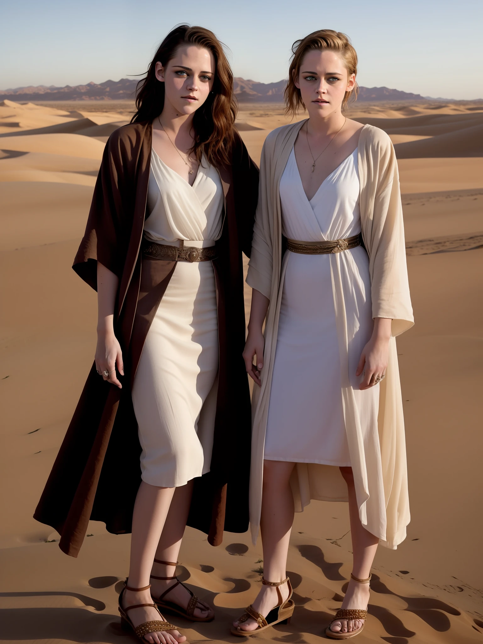 Closeup portrait of kristen Stewart with Jennifer Lawrence in robes standing on a desert dune, lens flare, sandals, bandana