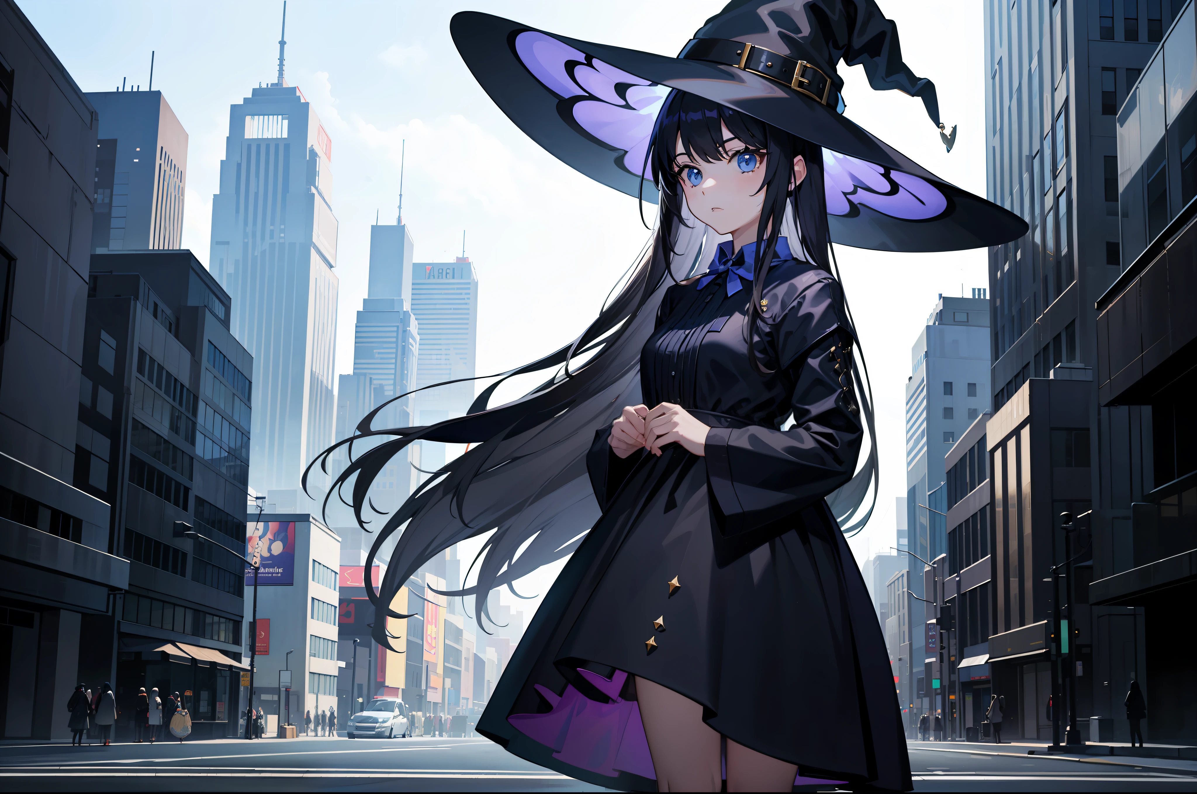 (masterpiece, best quailty), 1girl, solo, witch clothes, witch hat, standing, expressionless, cyber city,