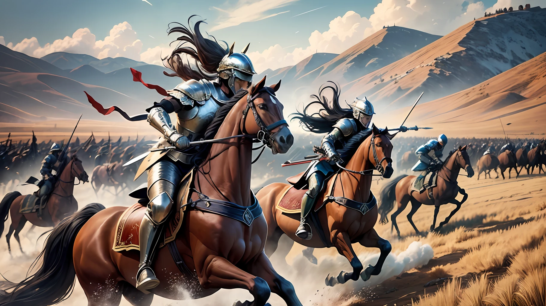 Create an image of a massive ancient battle, with thousands of spartan warriors and horses engaged in fierce combat. The scene should be set in an open field with rolling hills in the background. The warriors and horses should be dressed in a variety of colorful and highly detailed armor and clothing, with weapons ranging from swords and spears to bows and arrows. The battle itself should be chaotic and intense, with blood and gore present but not overly graphic. In the background, there should be a skyline of ancient buildings and structures, further emphasizing the historical and epic nature of the battle. The horses should be depicted in dynamic poses, with their riders charging into battle or rearing up in defiance. The overall tone of the image should be dramatic and intense, capturing the sense of excitement and danger that comes from witnessing a great battle, while also highlighting the role of horses in ancient warfare.(Hyper realistic,highly detailed,photorealism,8K resolution,masterpiece scene) --auto --s2