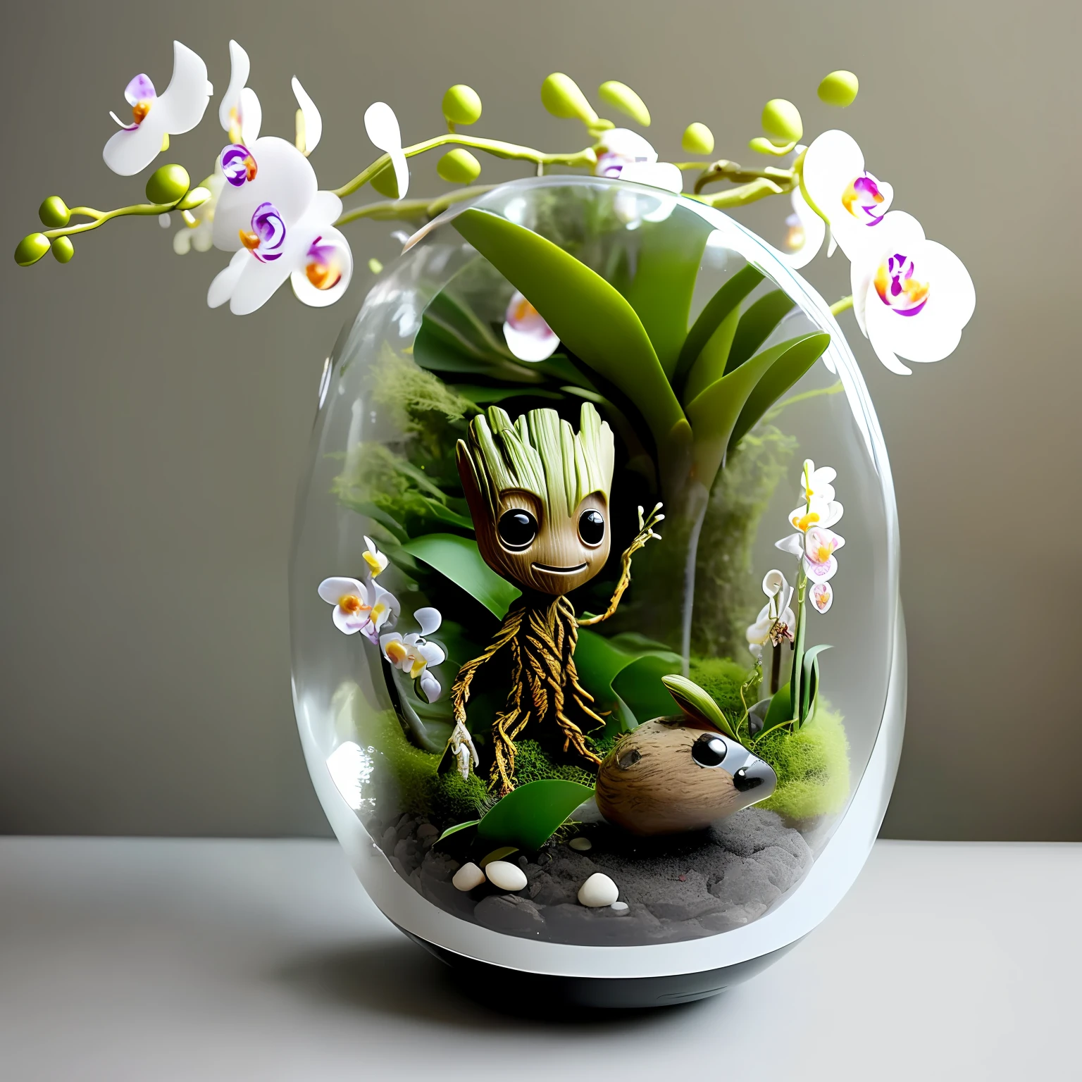 Baby Groot, full body, in a glass capsule 
(With orchids in the shape of birds)
