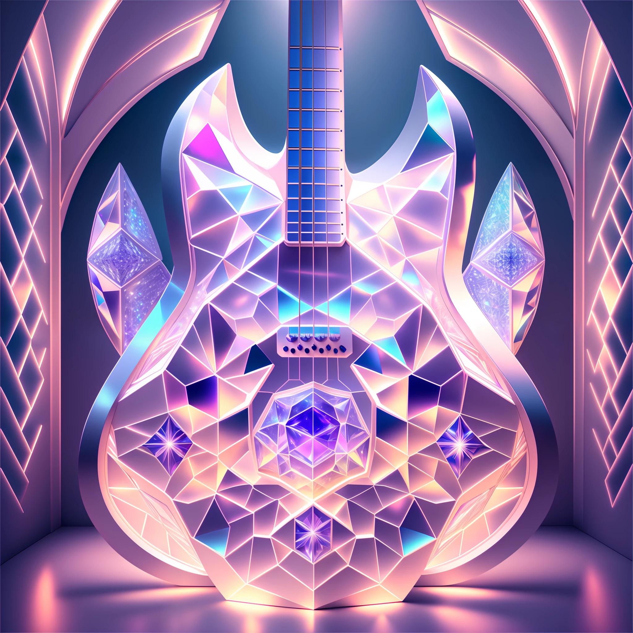 Ultra high definition. Real. A futuristic room built of crystal, covered in white light. Strat-type electric guitar. Bright coloring of iridescent colors. Glossy intricate sacred geometry design. Modern design fused with crystal.