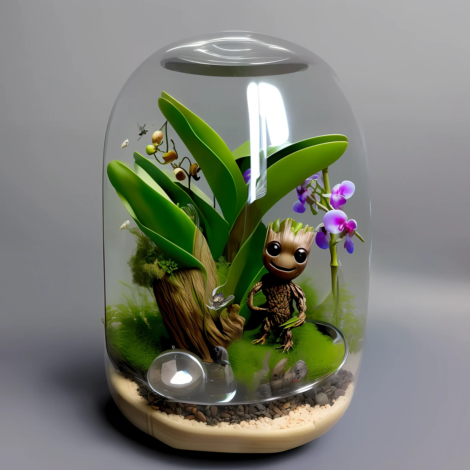Baby Groot, full body, in a glass capsule
(With orchids in the shape of birds)