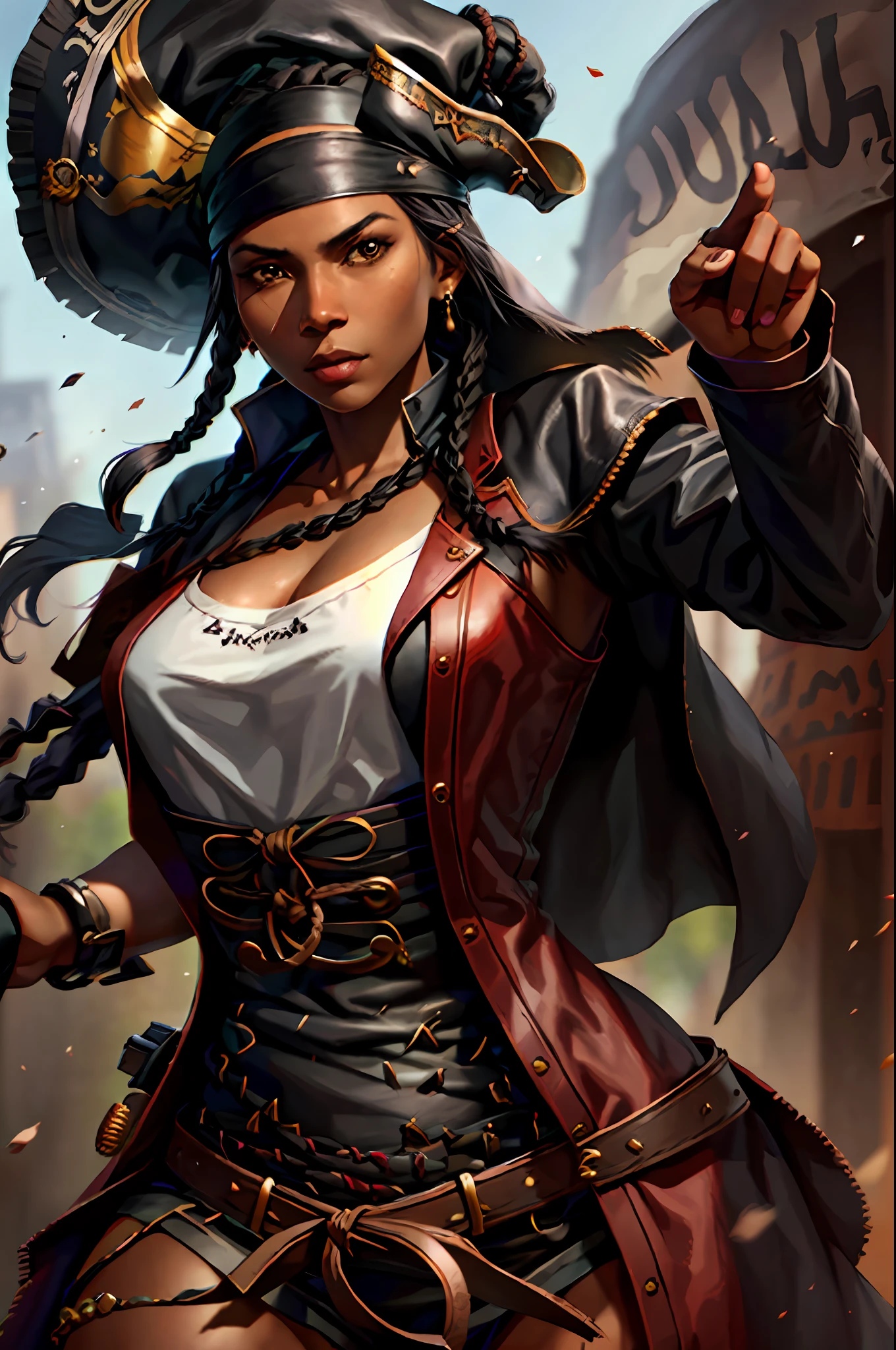 Woman, black skin, black hair, long braid, pirate, leather clothes.