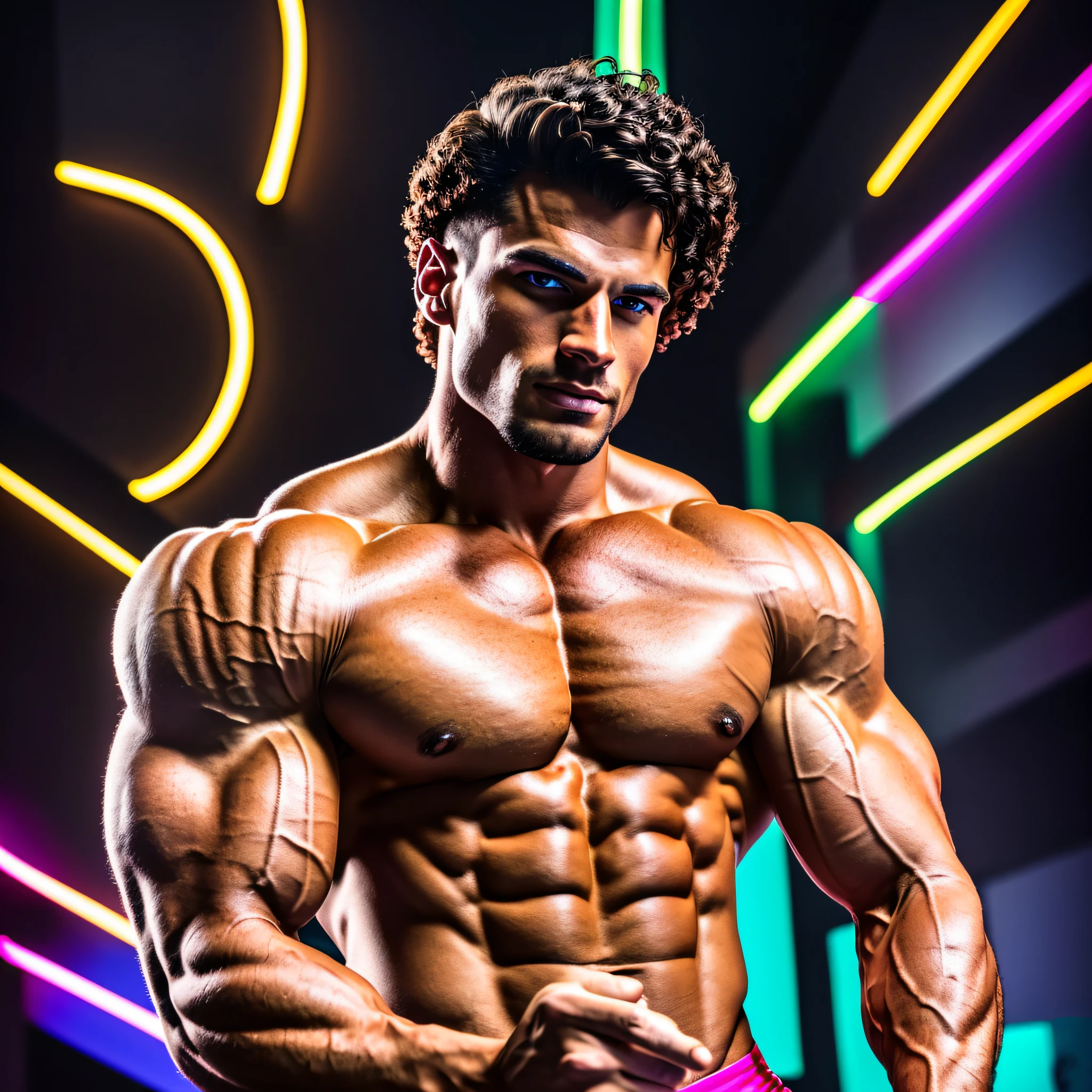 a male bodybuilder, very good looking, his eyes and face locked in the camera lens, short image, ultra sharp, 8k, super high resolution, fitness, motivation, neon colors in the background, visually appealing --auto --s2