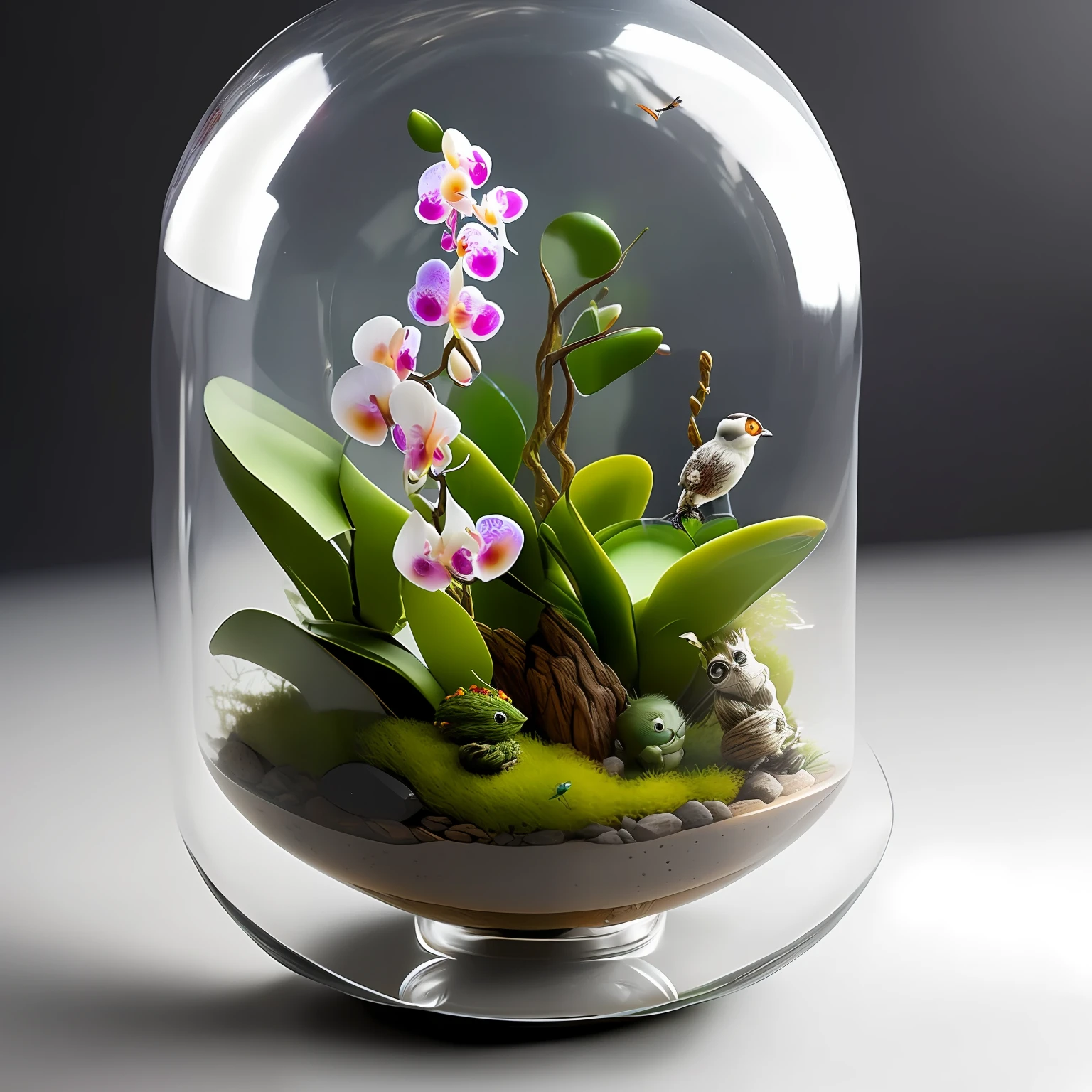 Baby Groot, full body, in a glass capsule
(With orchids in the shape of birds)