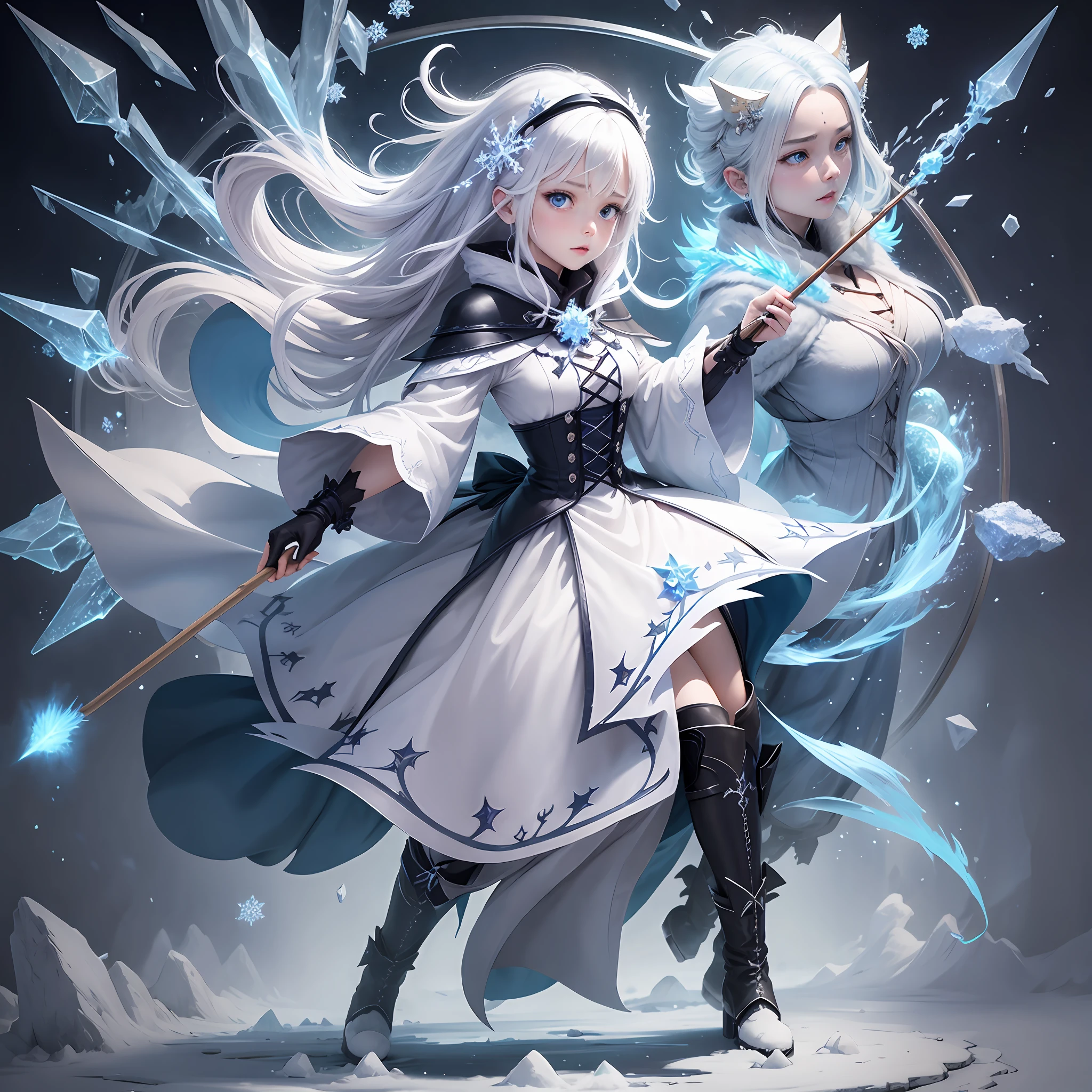 ghost、elemental、snowstorm、witches、ice cubes、ghost、White Hair、Snowflakes、boots,、crystallized、broomstick