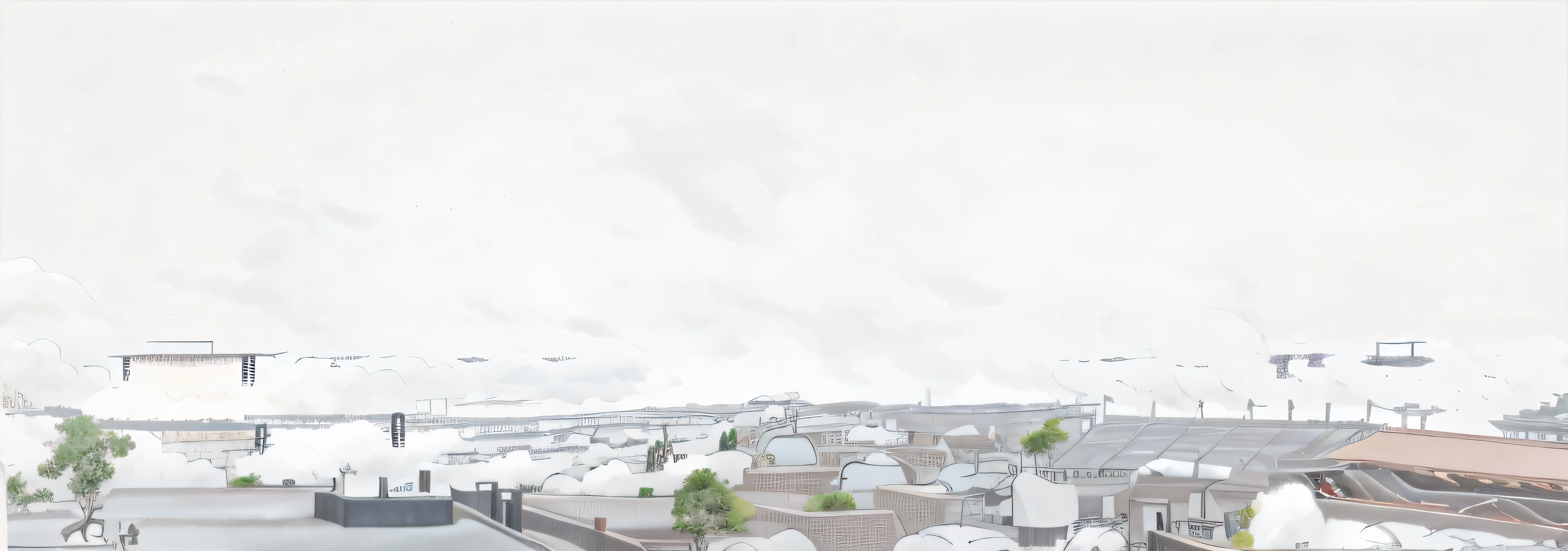 A virtual world with modern people, ancient people, buildings, trees, part of the elements in the diagram are upside down, there are many clouds in the blank part,