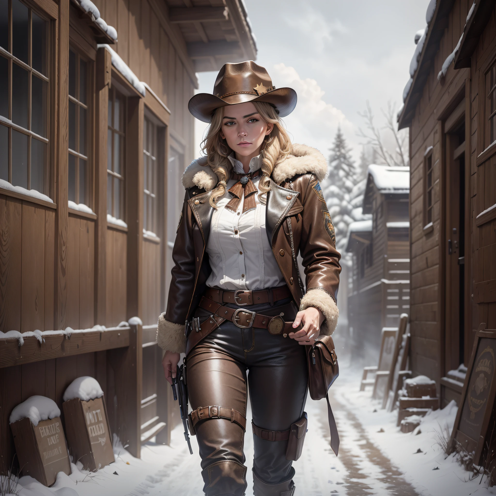 (masterpiece), ((a sheriff's wife)), wearing a (battered coat), long coat, (brown leather pants), (hat) with one (belt with holster and Colt 45), set in the wild west under a sky (sunny), snow, cold, carriages. Images should be (intricate), (ultra-detailed), in (8K), with quality (HDR) and (UHD).