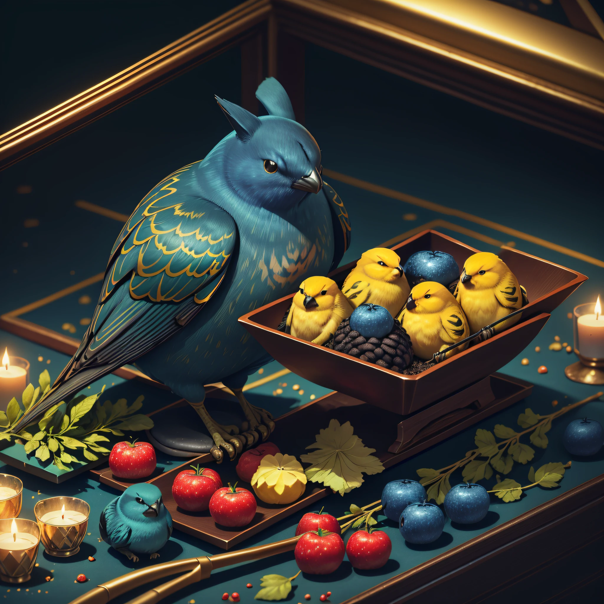 Canary show, of all colors, fat, nonhuman's, depth of field, disney style, DARK satin blue, wearing satin red, wearing satin green deep shadow, (dark: 1.4), (8k, RAW photo, best quality, masterpiece: 1.2),Banquet with fruits of all kinds.