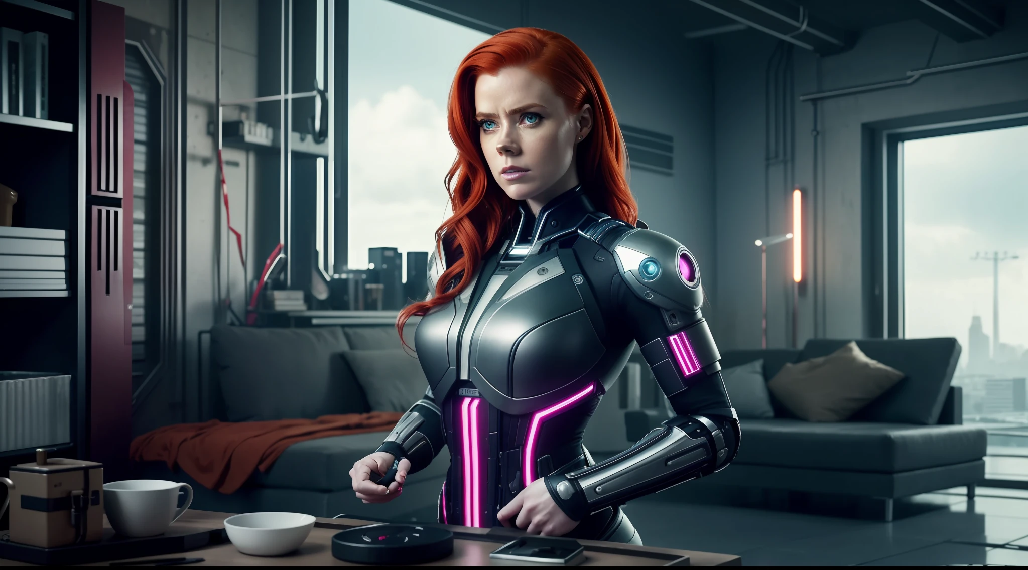 award-winning photo from the waist up, wide-angle environmental photo of cyborg at home tidy cyberpunk style, sexy cyberpunk clothes, cracked porcelain skin, redhead woman, Amy Adams, vibrant, photorealistic, realistic, dramatic, dark, sharp focus, 8k
