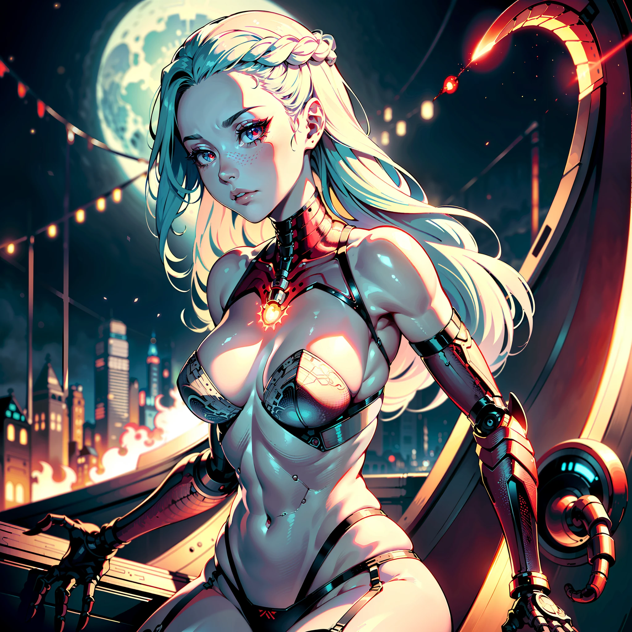 (((masterpiece))), (((best quality))), ((ultra-detailed)), (highly detailed CG illustration), ((an extremely delicate and beautiful)),(from side),cinematic light,((1mechanical girl)), Beautiful scandinavian woman, 21 years old, solo,half body, wearing the garter belt trap, ((six strap garter belt)), long eyelashes, beautiful eyes with brightness, ((big cheeks)), (machine made joints:1.2),((machanical limbs)),(blood vessels connected to tubes),(mechanical vertebra attaching to back), Round Ass, scandinavian, ((mechanical cervial attaching to neck)),(sitting),expressionless,(wires and cables attaching to neck:1.2),(wires and cables on head:1.2)(character focus),science fiction,city background, extreme detailed,colorful,highest detailed,(face shadow (extra detailed,best performance)), laser eyes (detailed red))fire in holes of hands), hair over one eye, azure eyes, sharp eyes,(detailed eyes:1.3)