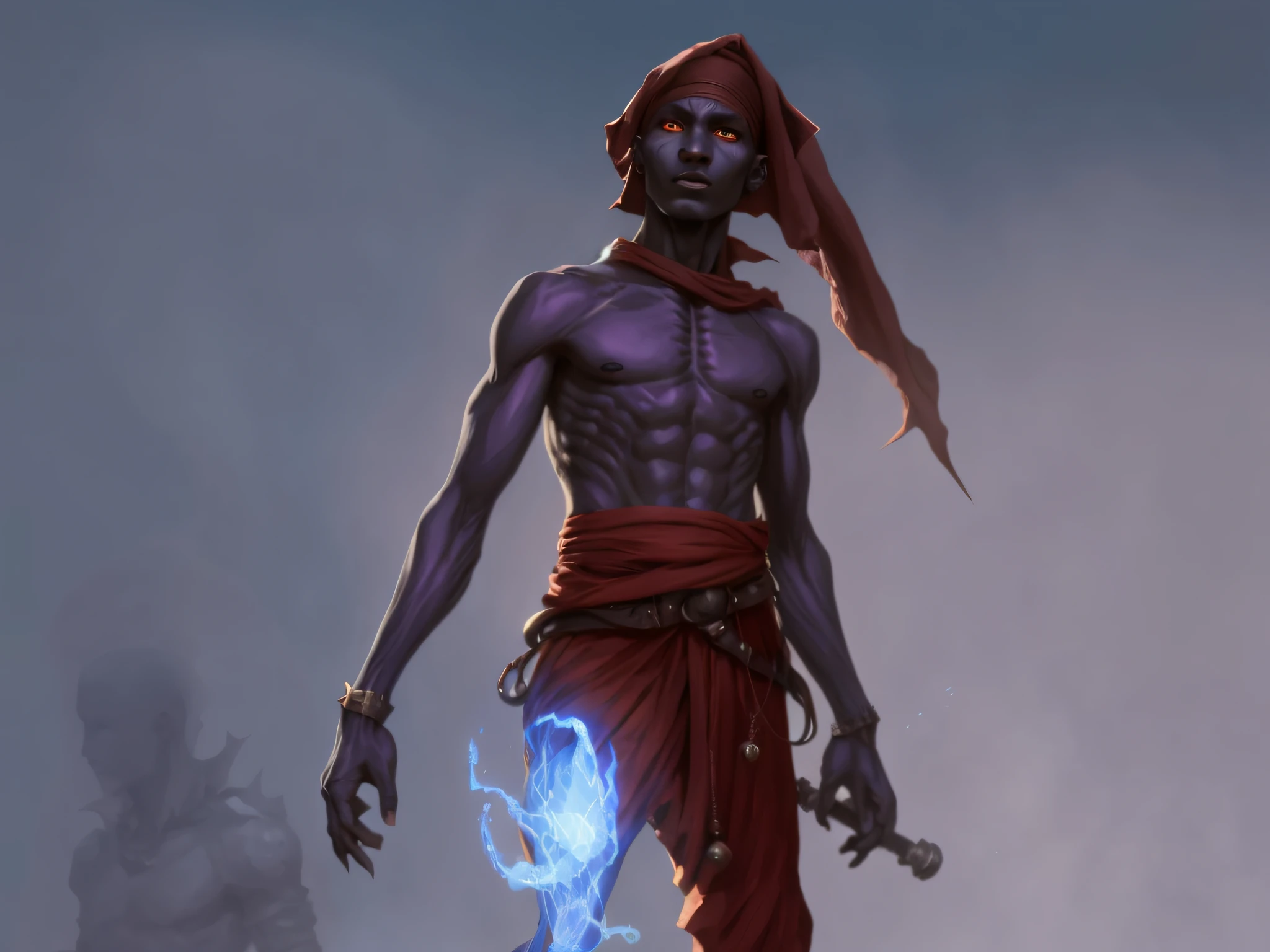 djinn human hybrid, concept art of a monk, male djinn man hybrid demon, skinny man fantasy alchemist, djinn male demon man, african cyberpunk wizards, spirit fantasy concept art, demon soul concept art, young shadow wizard man, holding a pipe