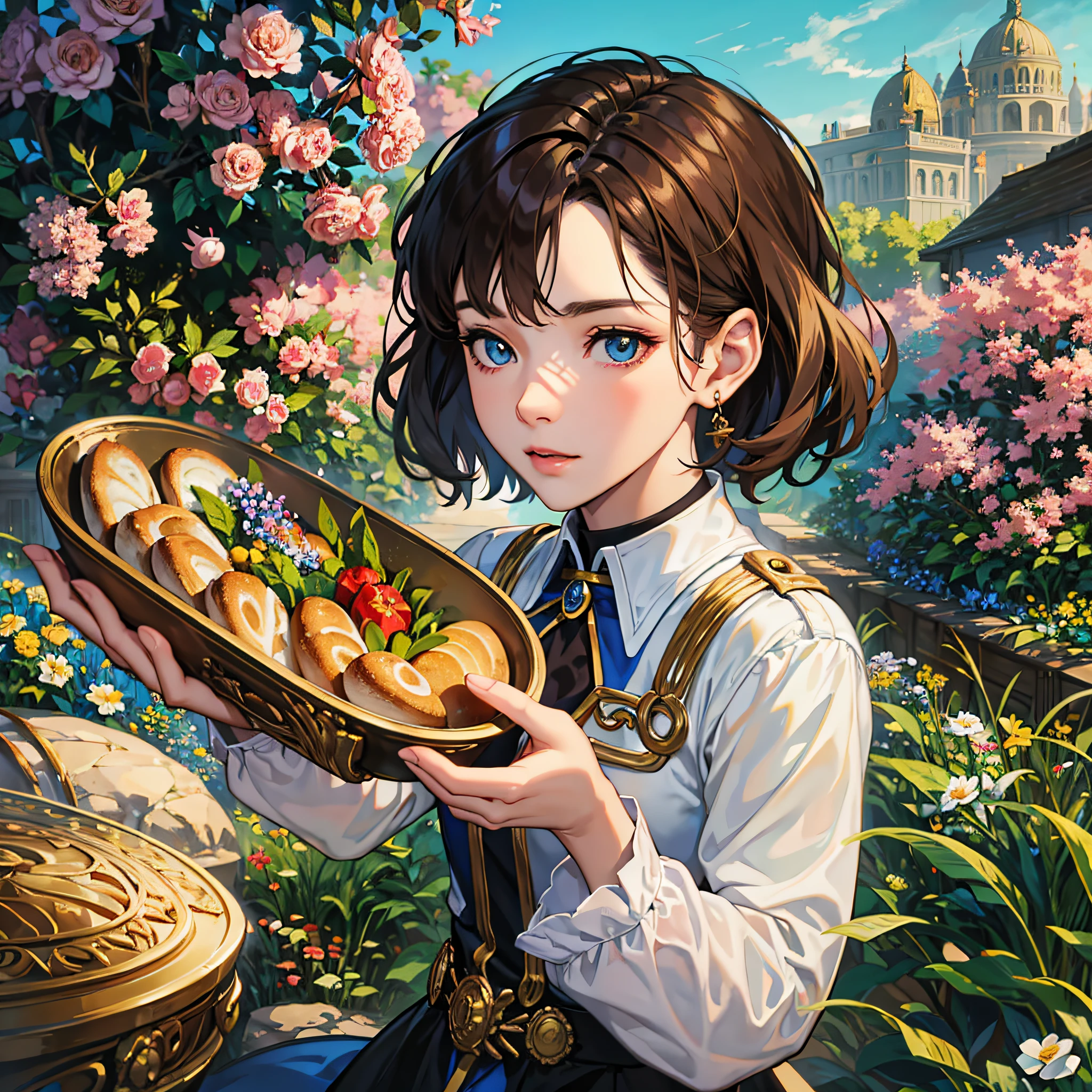photo anime, masterpiece, high quality, absurdres, A girl with brown wavy short hair and blue eyes like jewels in a garden holding a loaf of bread, symmetrical face, golden hour, smooth, focus, highly detailed, hyper realistic, dramatic lighting, elegant, intricate, concept art, art by wlop, mars ravelo, greg rutowski, artstation --auto --s2