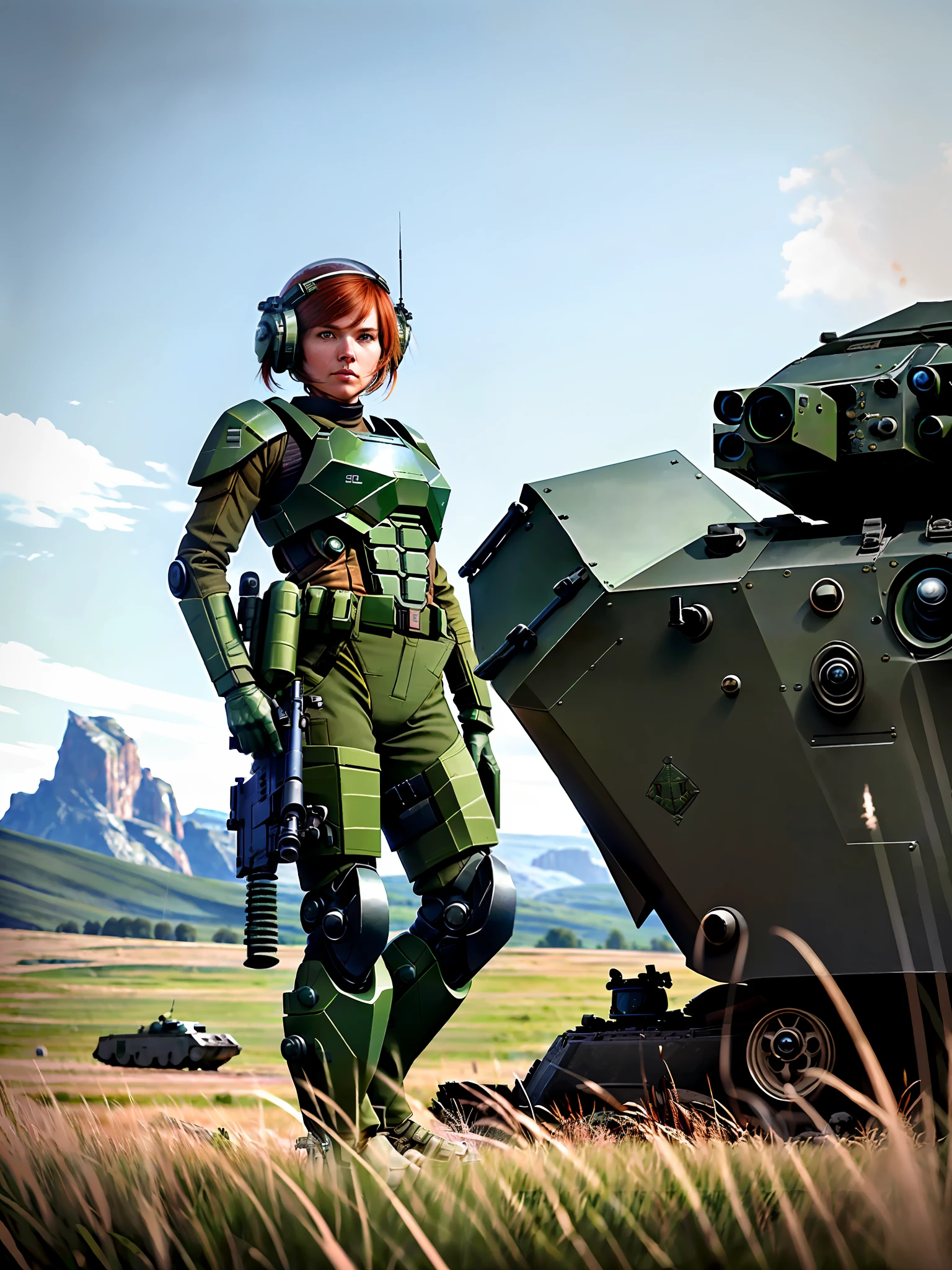 (warzone:1.2), award winning (full body:0.8) (portrait photo:1.1) of a female (sci-fi soldier:1.3) wearing helmet, beside an (army vehicle:1.2) (gun turret:1.3), (explosion:1.4),  (fighter jet:1.2), looking out over a verdant alien planet, (mountains:1.2) (tall grass:1.2), rocks, highly detailed, fine detail, intricate, (lens flare:0.6), (backlighting:0.8), (bloom:0.8), shallow depth of field