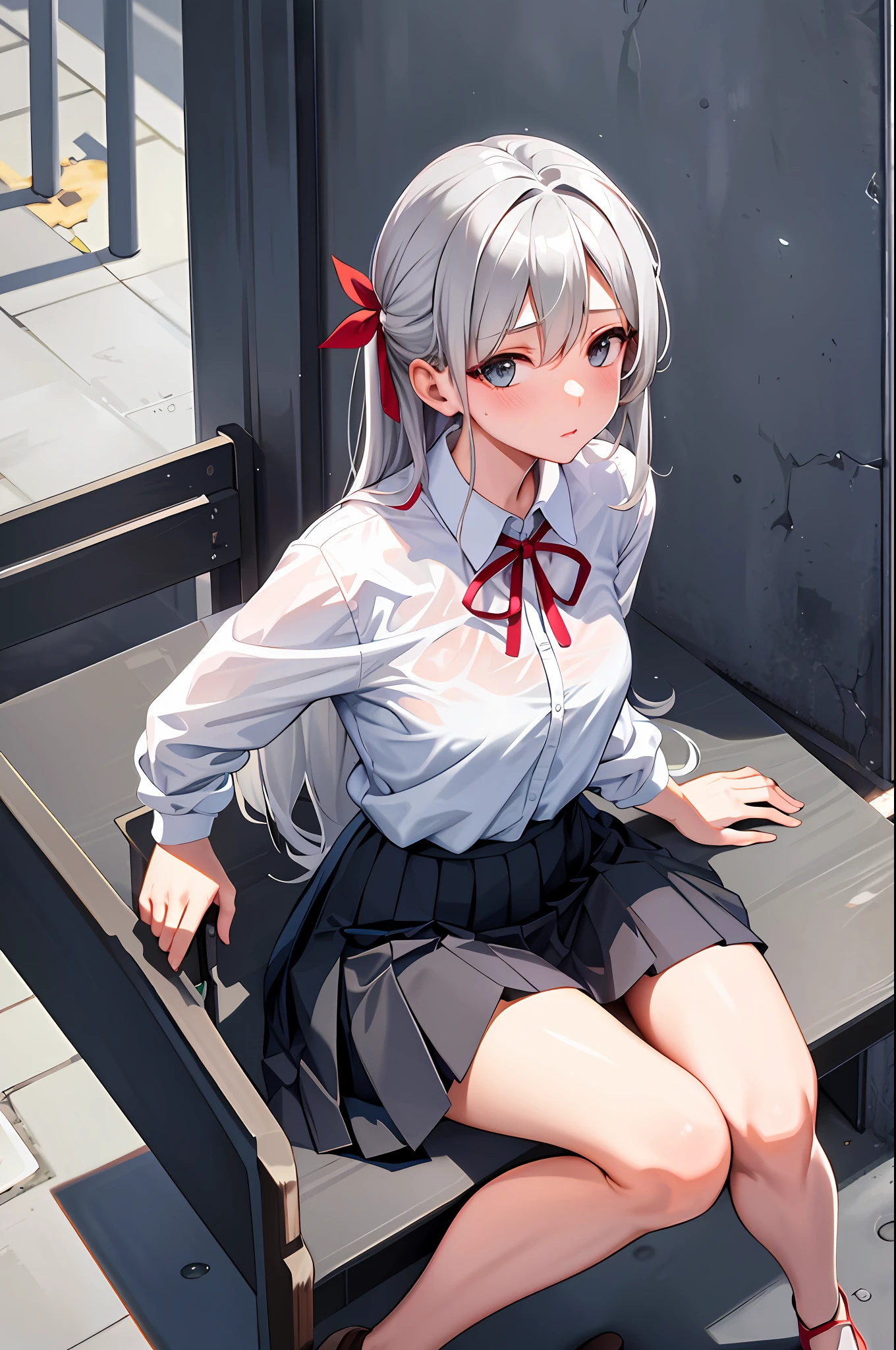 realistic, upward, sideways, school uniform, shirt, ribbon, wet, skin, perfect eyes, midchest, body line, high waist skirt, gray hair, urban background, sitting, long hair, mini skirt, bra, hair ornament, bullish, looking up