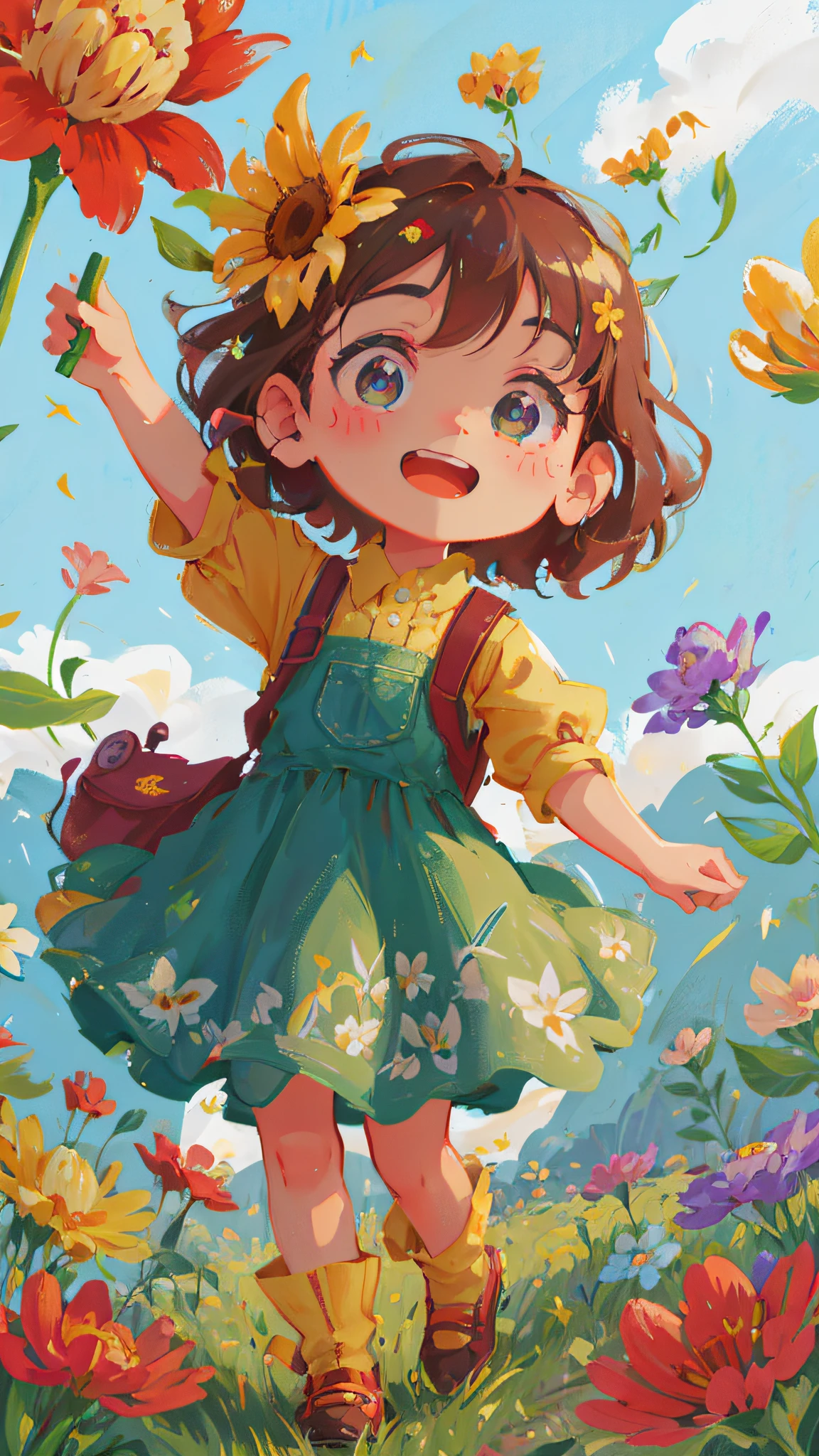 cartoon girl in a field of flowers with a backpack, childrens art in artstation, cute detailed digital art, cute art style, adorable digital painting, cute detailed artwork, cute digital art, girl in flowers, full body portrait of a short!, a beautiful artwork illustration, girl dancing in a flower field, girl in a flower field, procreate illustration