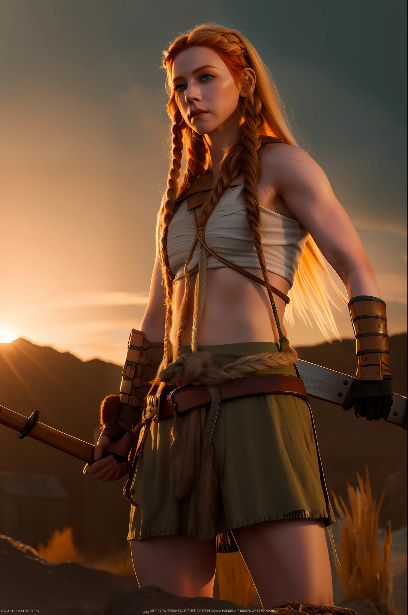 Hyper realistic photograph of a beautiful ginger viking warrior girl, long hair with braids, wearing a small combat suit, holding an ax with blood dripping from it, hot body, showing her belly, furious facial expression.  In the background a battlefield with dead Roman soldiers on the ground, in the foreground fire and smoke. Photorealistc, realistic textures, reflecting lighting, Glowing, Shadows, cinematic lighting, 4k, HD, real. ????.