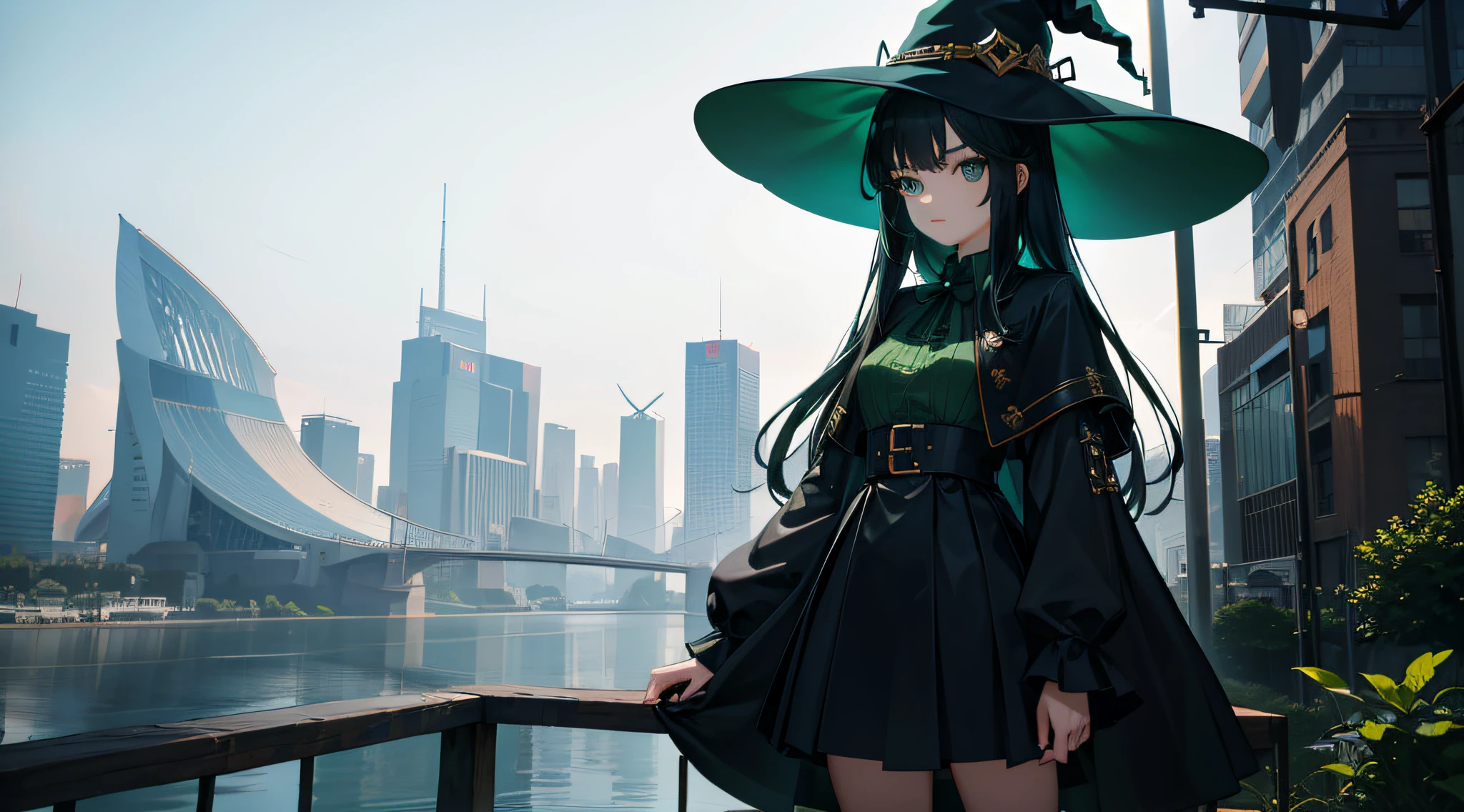 (masterpiece, best quailty), 1girl, solo, green witch clothes, witch hat, standing, expressionless, cyber city,