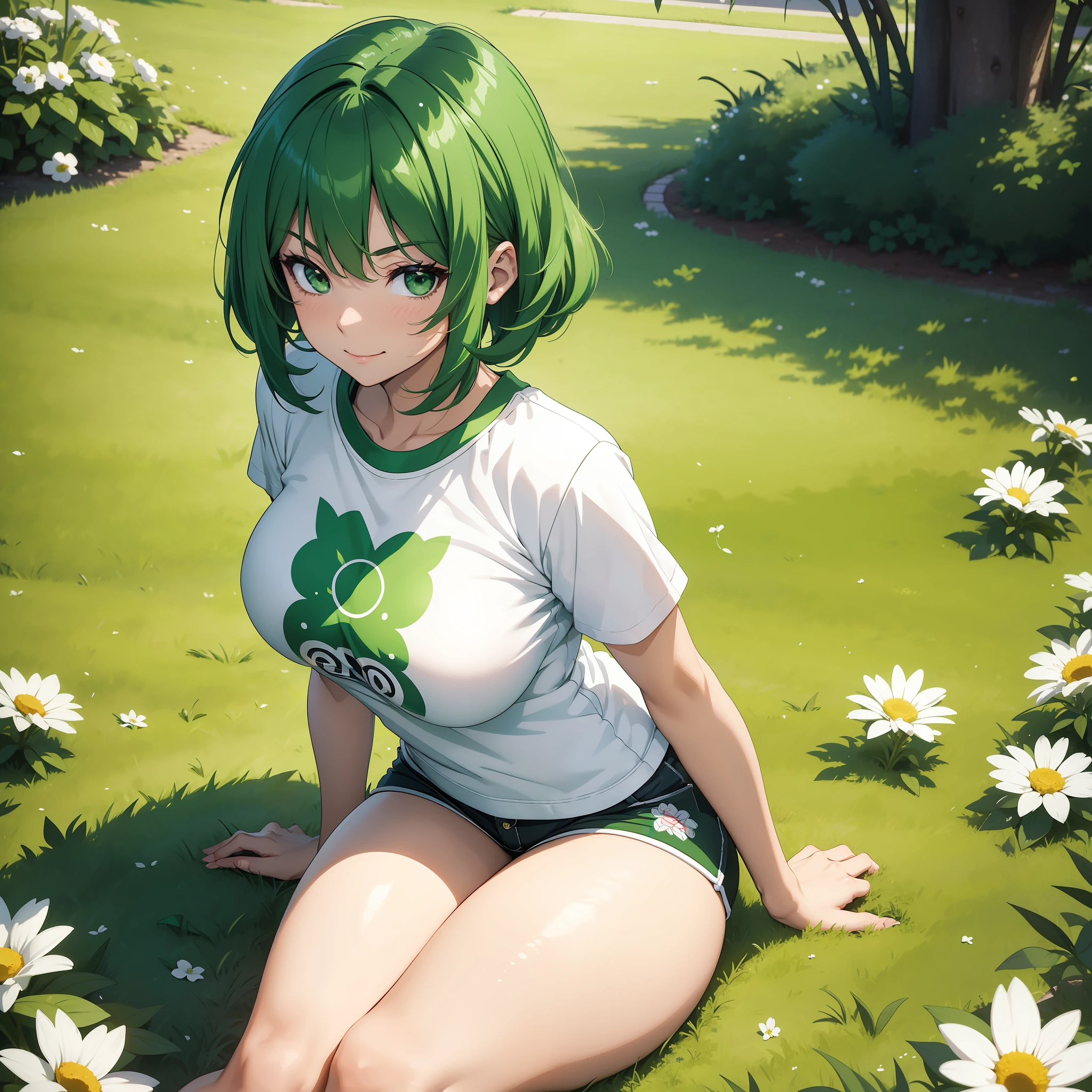 30 year old woman anime style,short shorts and white t-shirt with cute print,dark green hair,sitting on a green lawn with white flowers, with several green shields floating around,full hd,big breasts,thick thighs,green particles,powerful warrior,smiling shy,sexy thigh,big ass,warrior,epic